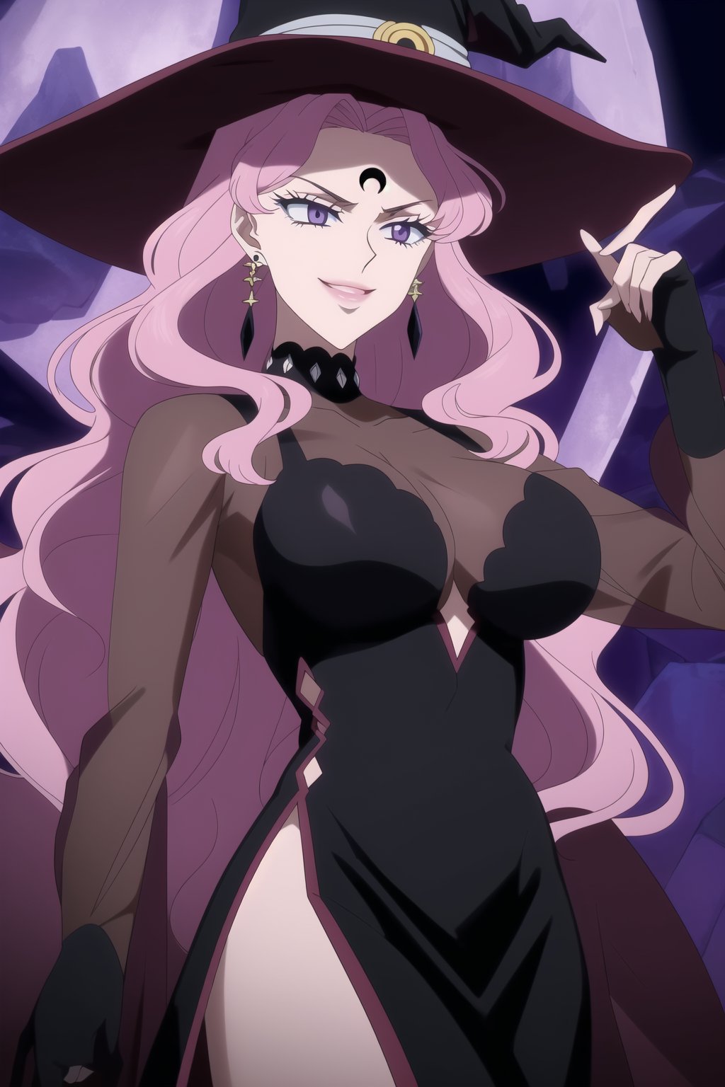 (best quality), (highly detailed), masterpiece, (official art), Vanessa, pink hair, purple eyes, long hair, bangs, witch hat, makeup, ((forehead mark, crescent facial mark, black crystal earrings)), aged up, evil smile, lips, lipstick, posing, anime coloring, ((black dress, long sleeves, see-through)), pink dress, side slit, A dark and mysterious female character inspired by the style of classic anime. She has an evil face with an evil smile, giving her an imposing and intimidating presence. The overall atmosphere is dark and mysterious, with a sense of power and control emanating from her posture.,