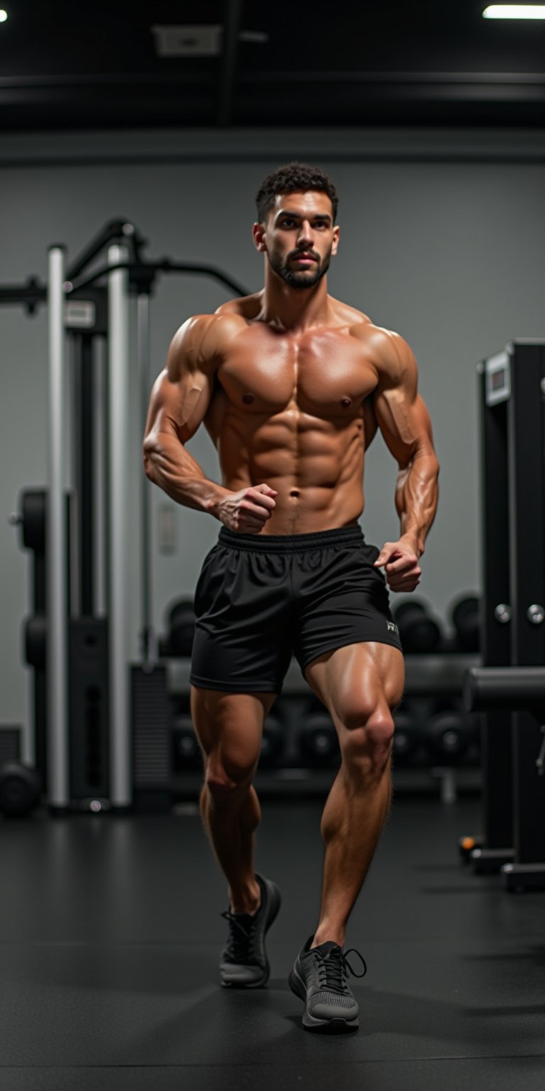 Photo of a man with perfect muscles, doing exercise movements, in the gym, very athletic.