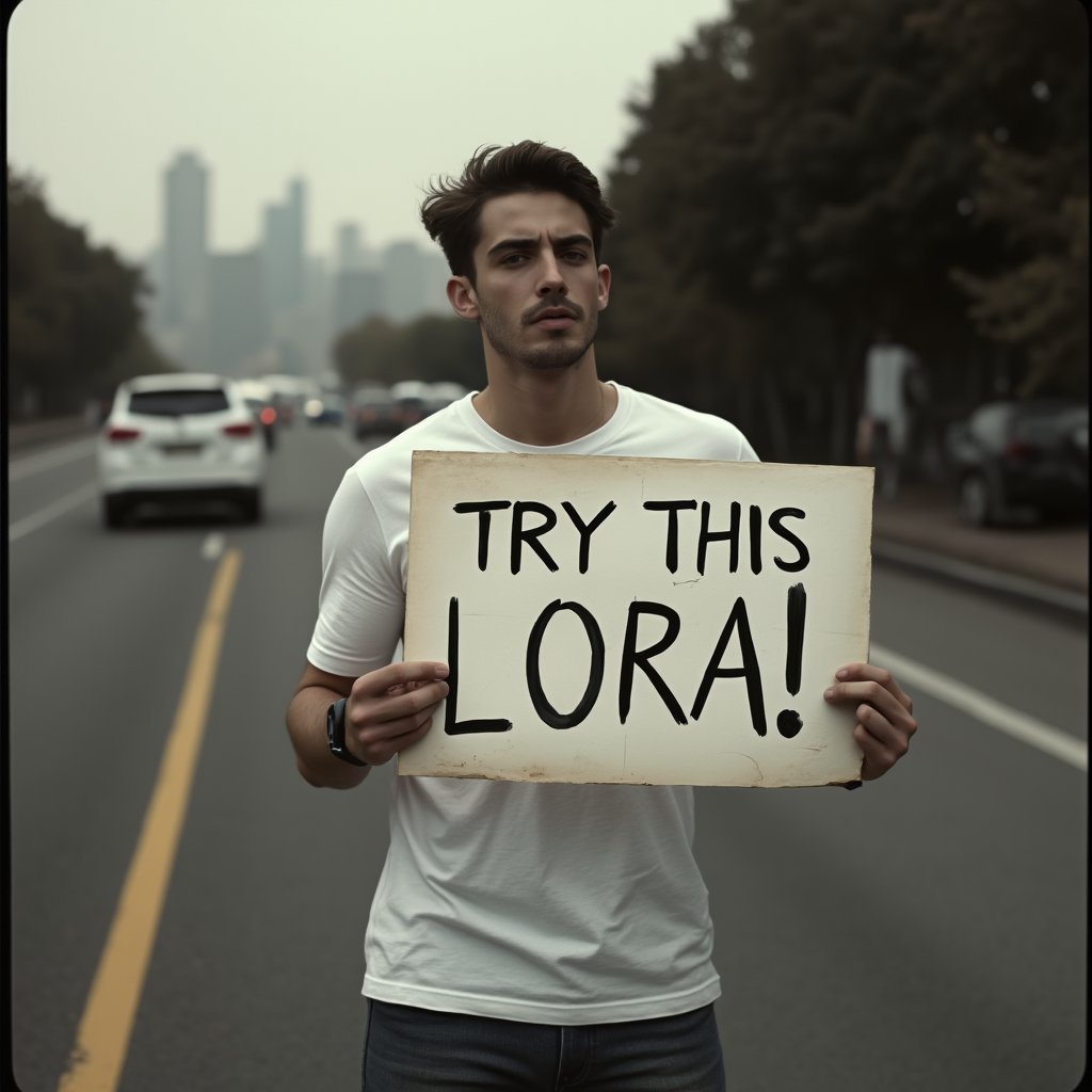 (( film grain, cinematic film still, RAW photo, dark, intricate detail, analogue RAW, vintage aesthetic, grainy, niosy, gritty, grunge, vintage paper, extremely detailed, ))
.
.
Portrait of handsome man, Holding a sign saying "TRY THIS LORA", Wearing a white t-shirt, jeans, Standing on the side of the road, pointing a sign as if to inform car drivers.