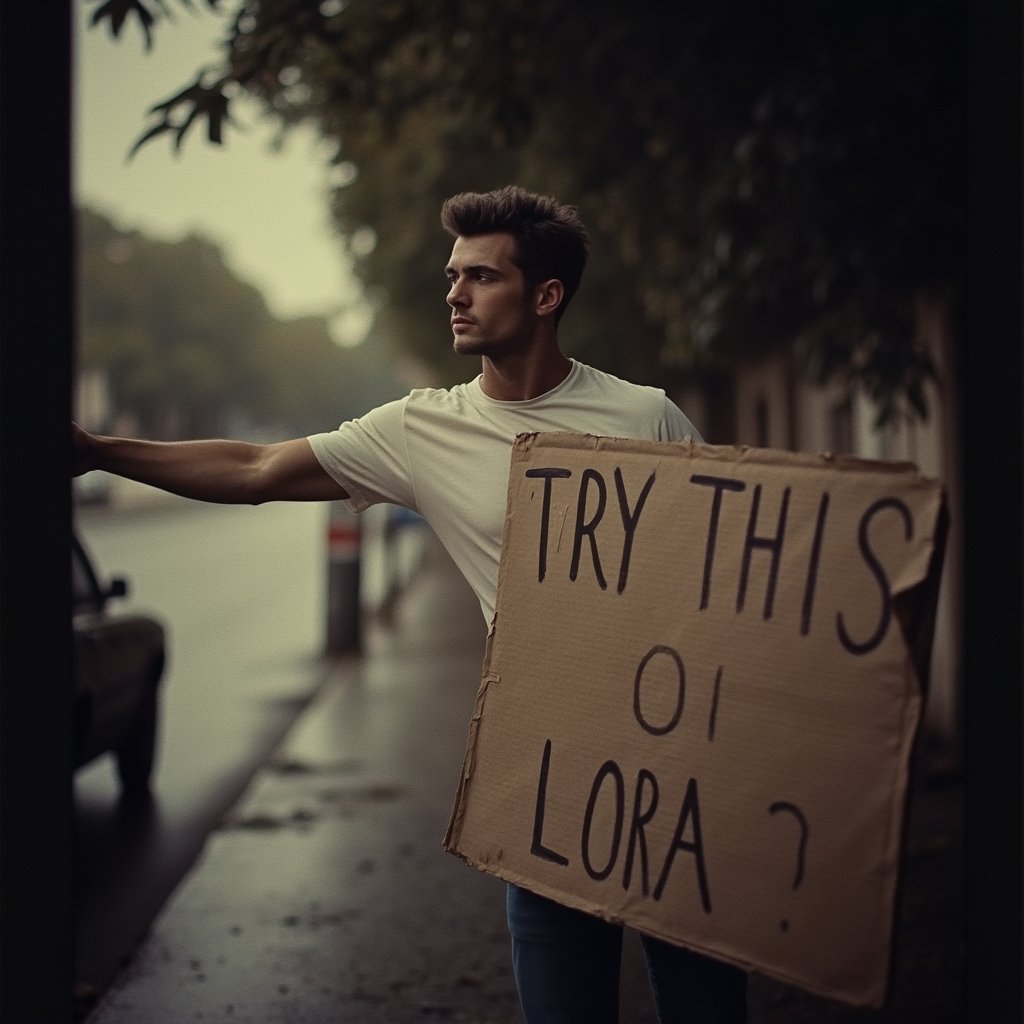 (( film grain, cinematic film still, RAW photo, dark, intricate detail, analogue RAW, vintage aesthetic, grainy, niosy, gritty, grunge, vintage paper, extremely detailed, ))
.
.
Portrait of handsome man, Holding a sign saying "TRY THIS LORA", Wearing a white t-shirt, jeans, Standing on the side of the road, pointing a sign as if to inform car drivers.