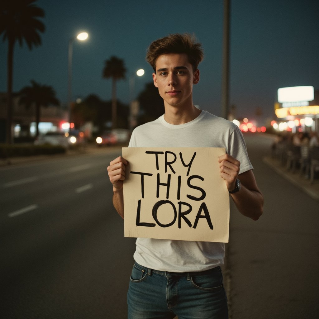 (( film grain, cinematic film still, RAW photo, dark, intricate detail, analogue RAW, vintage aesthetic, grainy, niosy, gritty, grunge, vintage paper, extremely detailed, ))
.
.
Portrait of handsome man, Holding a sign saying "TRY THIS LORA", Wearing a white t-shirt, jeans, Standing on the side of the road, pointing a sign as if to inform car drivers.