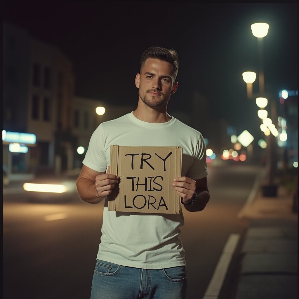 (( film grain, cinematic film still, RAW photo, dark, intricate detail, analogue RAW, vintage aesthetic, grainy, niosy, gritty, grunge, vintage paper, extremely detailed, ))
.
.
Portrait of handsome man, Holding a sign saying "TRY THIS LORA", Wearing a white t-shirt, jeans, Standing on the side of the road, pointing a sign as if to inform car drivers.