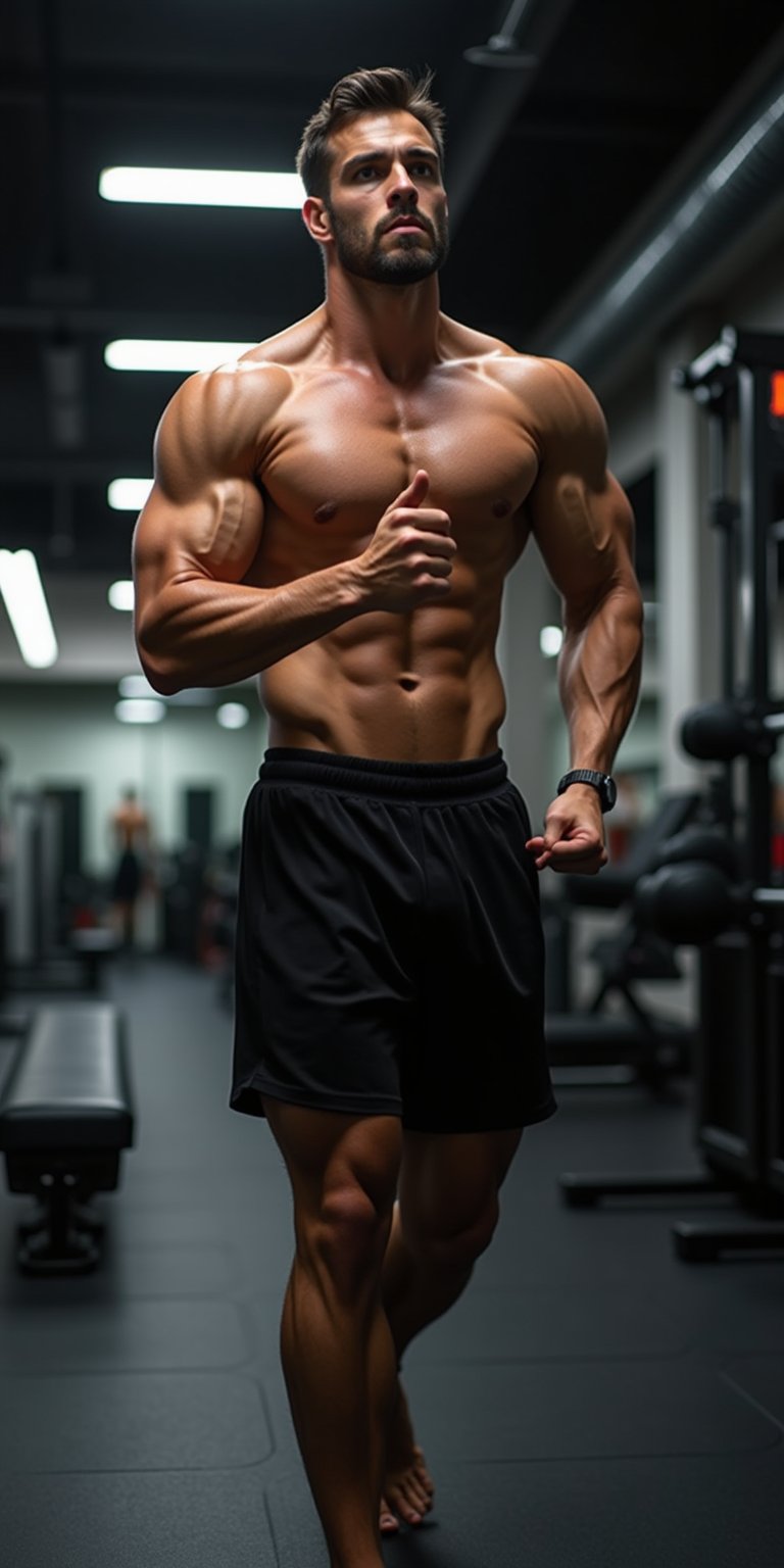 Photo of a man with perfect muscles, doing exercise movements, in the gym, very athletic.