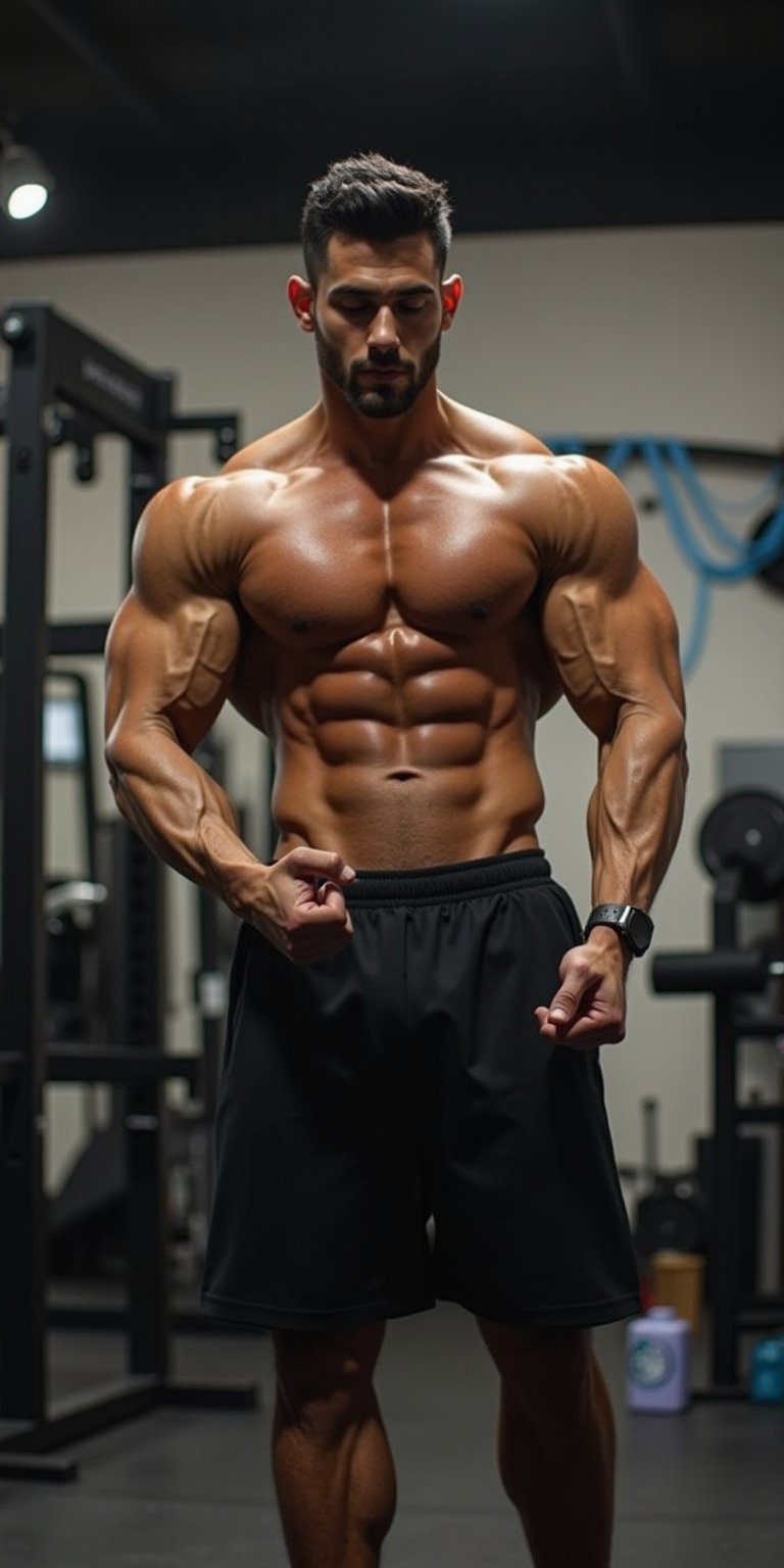 Photo of a man with perfect muscles, doing exercise movements, in the gym, very athletic.