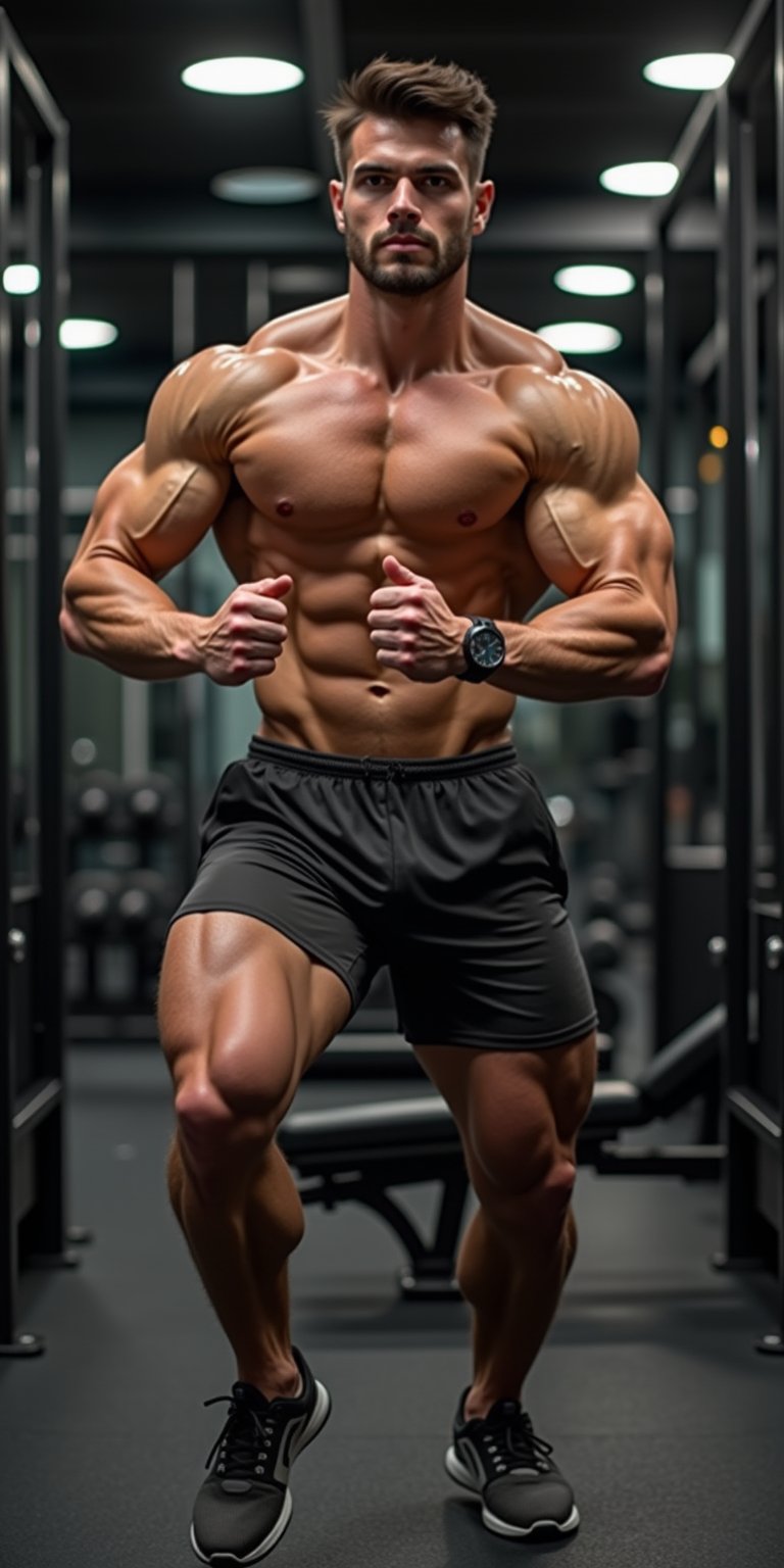 Photo of a man with perfect muscles, doing exercise movements, in the gym, very athletic.