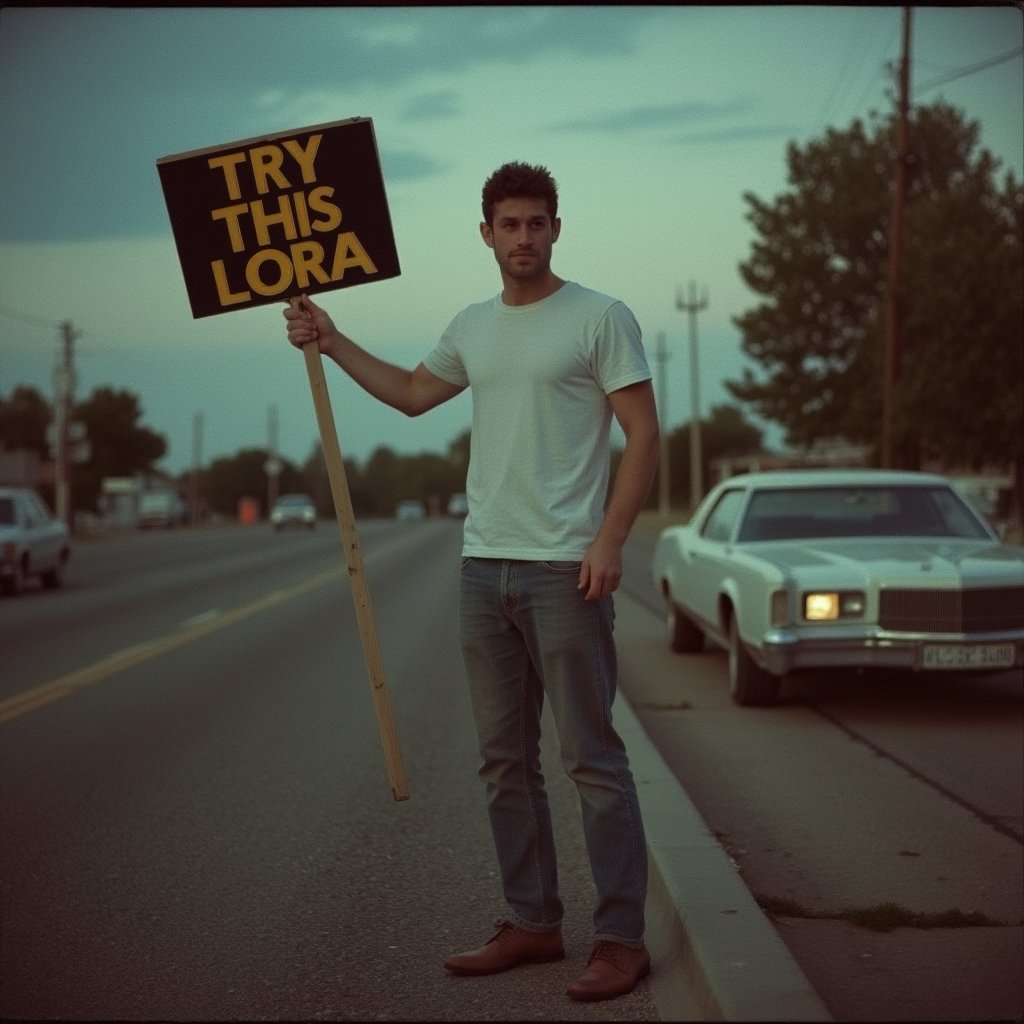 (( film grain, cinematic film still, RAW photo, dark, intricate detail, analogue RAW, vintage aesthetic, grainy, niosy, gritty, grunge, vintage paper, extremely detailed, ))
.
.
Portrait of handsome man, Holding a sign saying "TRY THIS LORA", Wearing a white t-shirt, jeans, Standing on the side of the road, pointing a sign as if to inform car drivers.