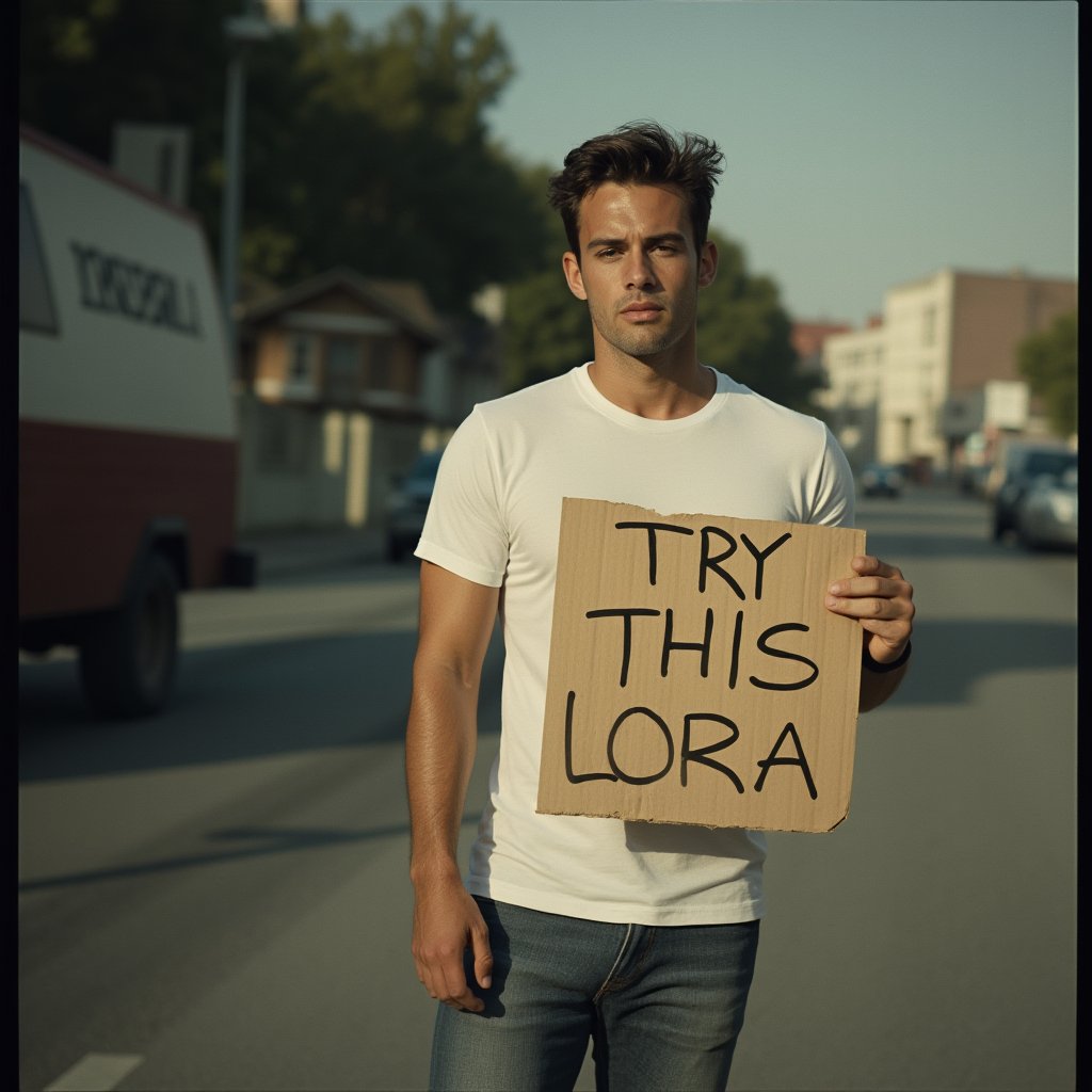 (( film grain, cinematic film still, RAW photo, dark, intricate detail, analogue RAW, vintage aesthetic, grainy, niosy, gritty, grunge, vintage paper, extremely detailed, ))
.
.
Portrait of handsome man, Holding a sign saying "TRY THIS LORA", Wearing a white t-shirt, jeans, Standing on the side of the road, pointing a sign as if to inform car drivers.