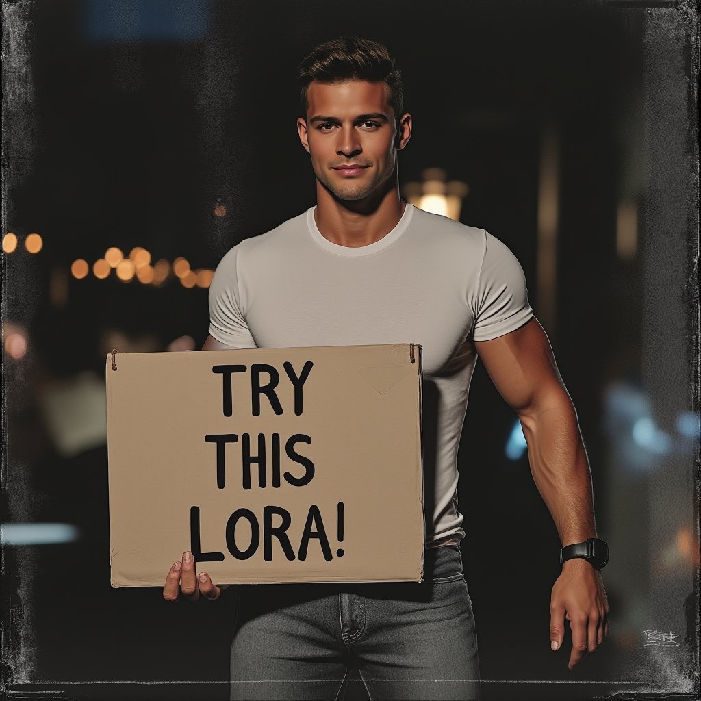 (( film grain, cinematic film still, RAW photo, dark, intricate detail, analogue RAW, vintage aesthetic, grainy, niosy, gritty, grunge, vintage paper, extremely detailed, ))
.
.
Portrait of handsome muscle man, Holding a sign saying "TRY THIS LORA", Wearing a white t-shirt, jeans, Standing on the side of the road, pointing a sign as if to inform car drivers.