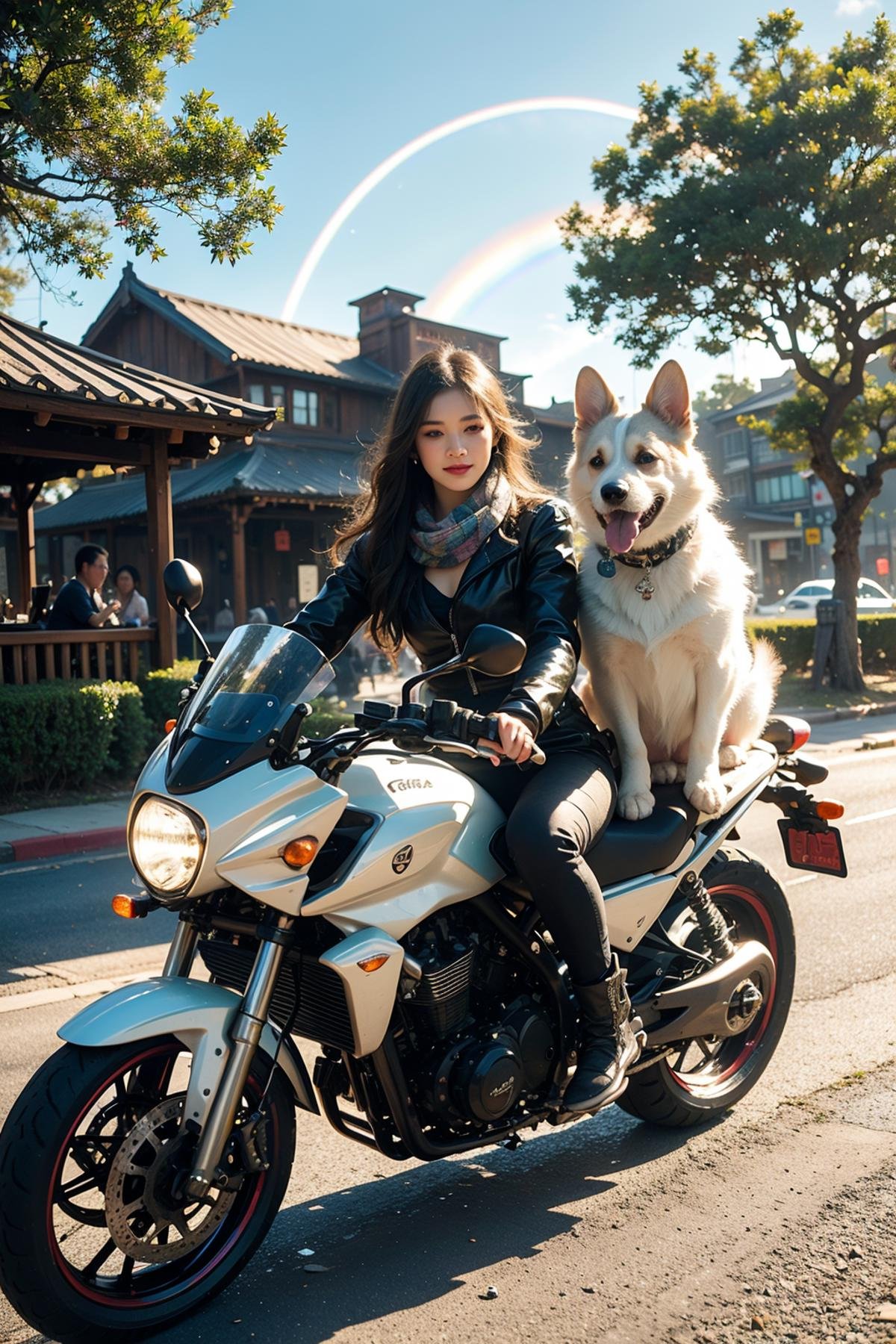 very beautiful,high quality,(a dog riding a motorcycle:1.1),corgi,dog,solo,(motor vehicle:1.2),riding,scarf,running on the rainbow,tree,extreme perspective,looking up at the camera,rainbow,furry,3d style,C4D,blender,kawaii,water spray,speed,bifrost,(masterpiece:1.2),best quality,PIXIV,humorous,beautiful colorful background,MG keji,