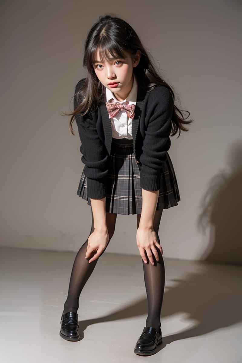 1girl,solo,pantyhose,skirt,long hair,loafers,shoes,simple background,school uniform,plaid,black pantyhose,plaid skirt,looking at viewer,black hair,pantyhose pull,full body,clothes pull,black footwear,pleated skirt,leaning forward,bangs,bent over,cardigan,bow,bowtie,standing,closed mouth,pulled by self,grey background,blush,miniskirt,red bow,sweater,undressing,