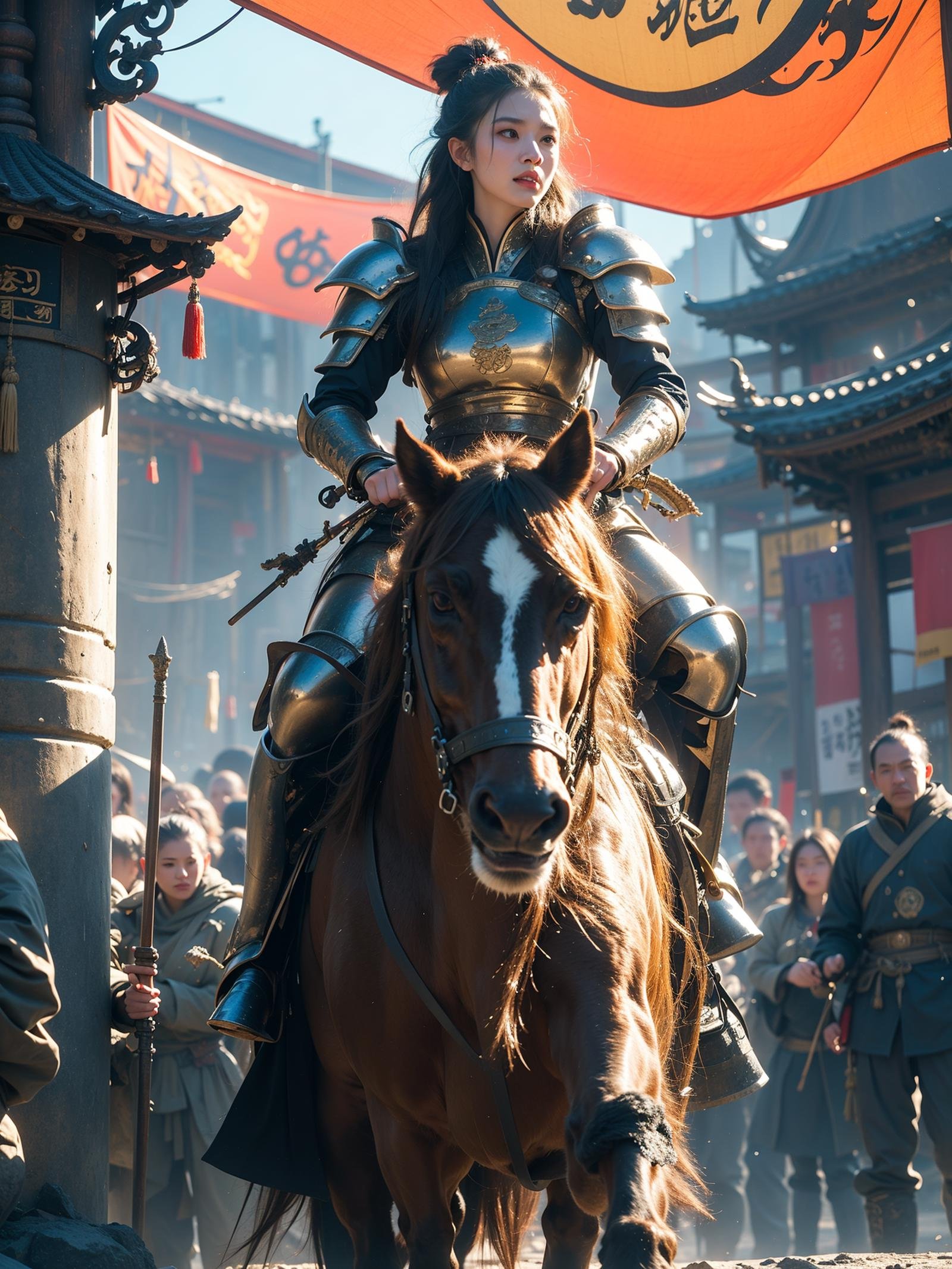 from below,A female general in battle armor rides a fine steed,exuding a heroic and valiant demeanor. Her gaze is resolute,revealing a fearless and courageous temperament. The surrounding banners,war drums,and weapons present a stirring scene of a battlefield.,fuyao,