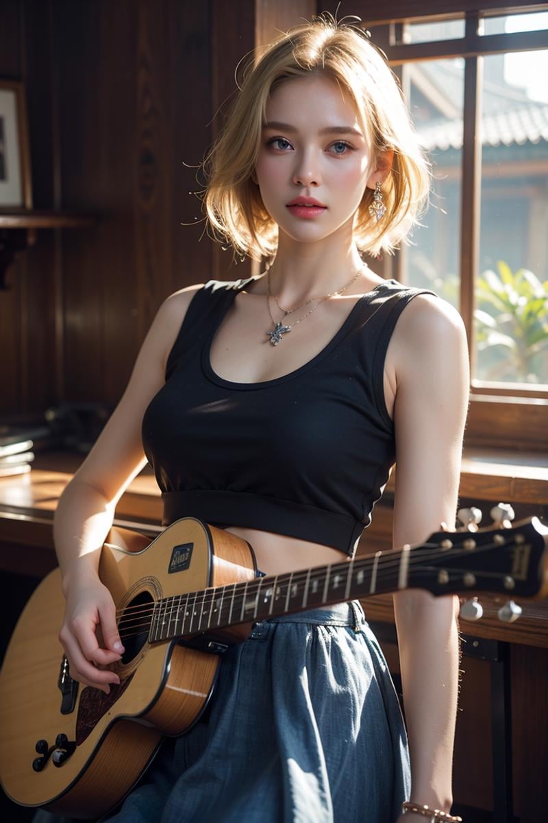 1girl,instrument,skirt,solo,star(symbol),guitar,blondehair,necklace,bracelet,blueeyes,holding,shirt,blueskirt,standing,lookingatviewer,sleeveless,pleatedskirt,electricguitar,lips,croptop,realistic,holdinginstrument,blurry,breasts,shorthair,blueshirt,partedlips,rain,cowboyshot,indoors,sleevelessshirt,masterpiece,bestquality,highlydetailed,Amazing,finelydetail,extremelydetailedCGunity4kwallpaper,score:>=60,