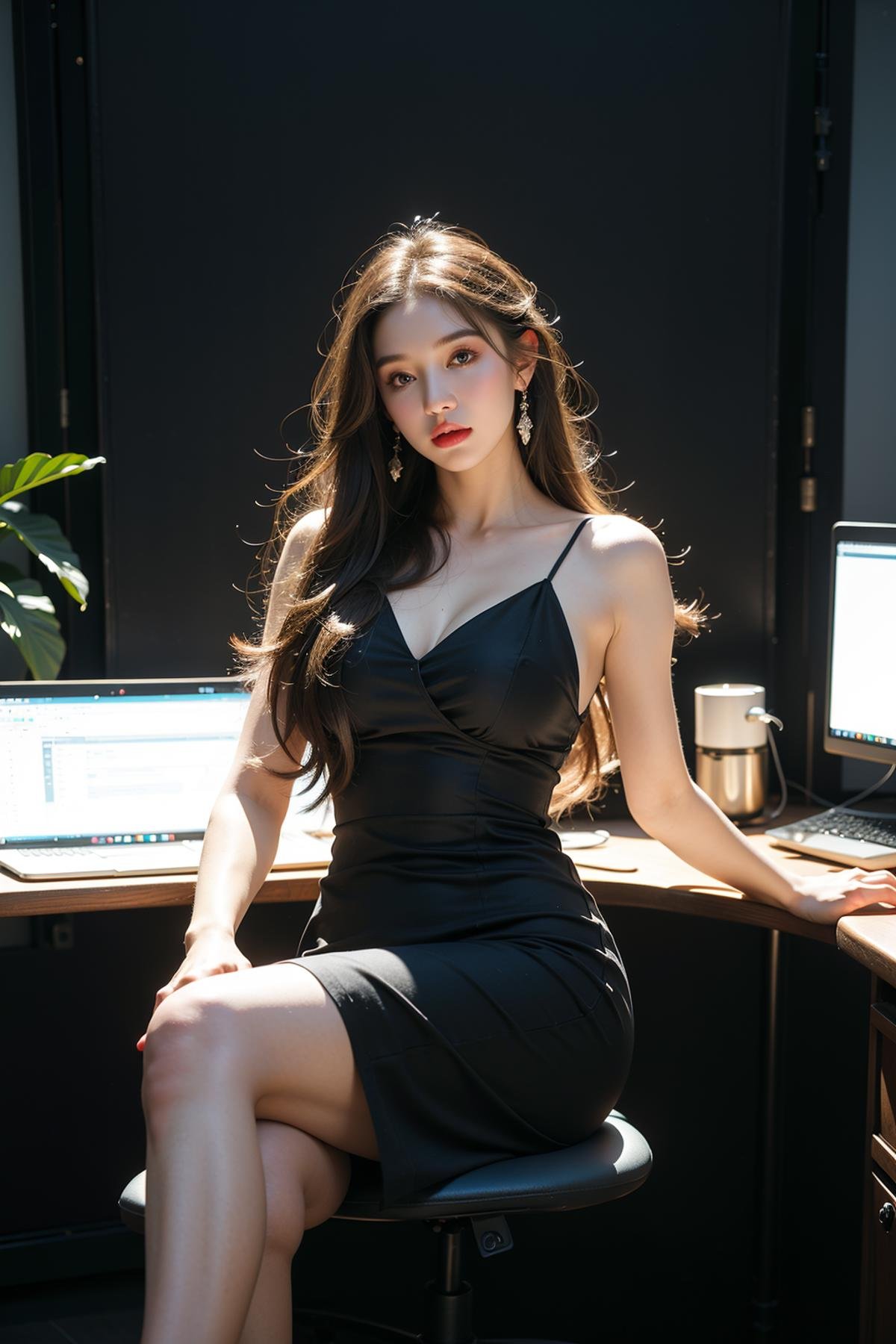 masterpiece,bestquality,ultradetailed,8K,photorealistic,1girl,solo,long_hair,blackpantyhose,bigbreasts,fullbody,blackslipdress,((lie,lieintable,intheoffice)),