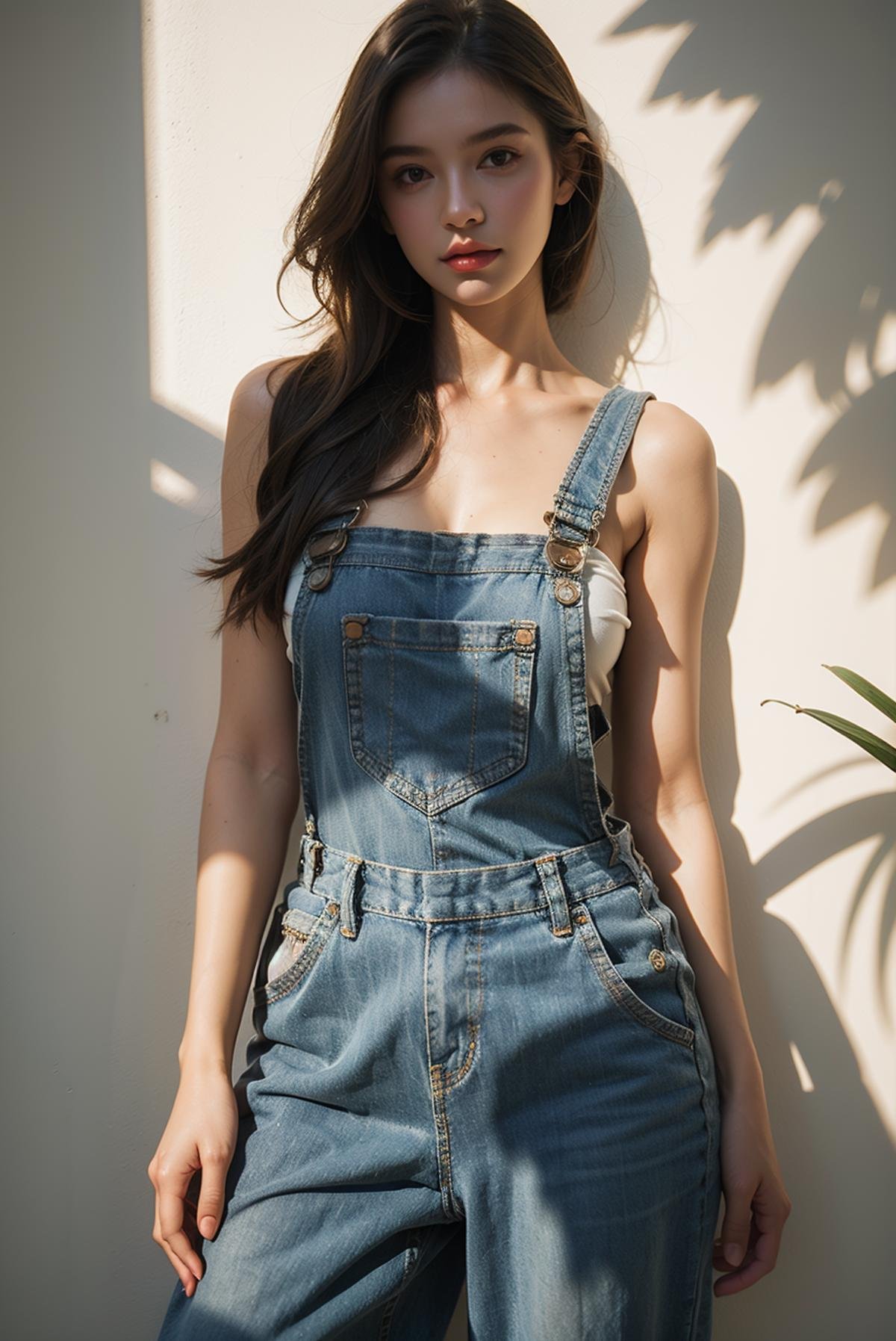 1girl,realistic,large breasts,landscape,sexy pose,naked overalls,bare shoulders,denim jumpsuit,light and shadow,