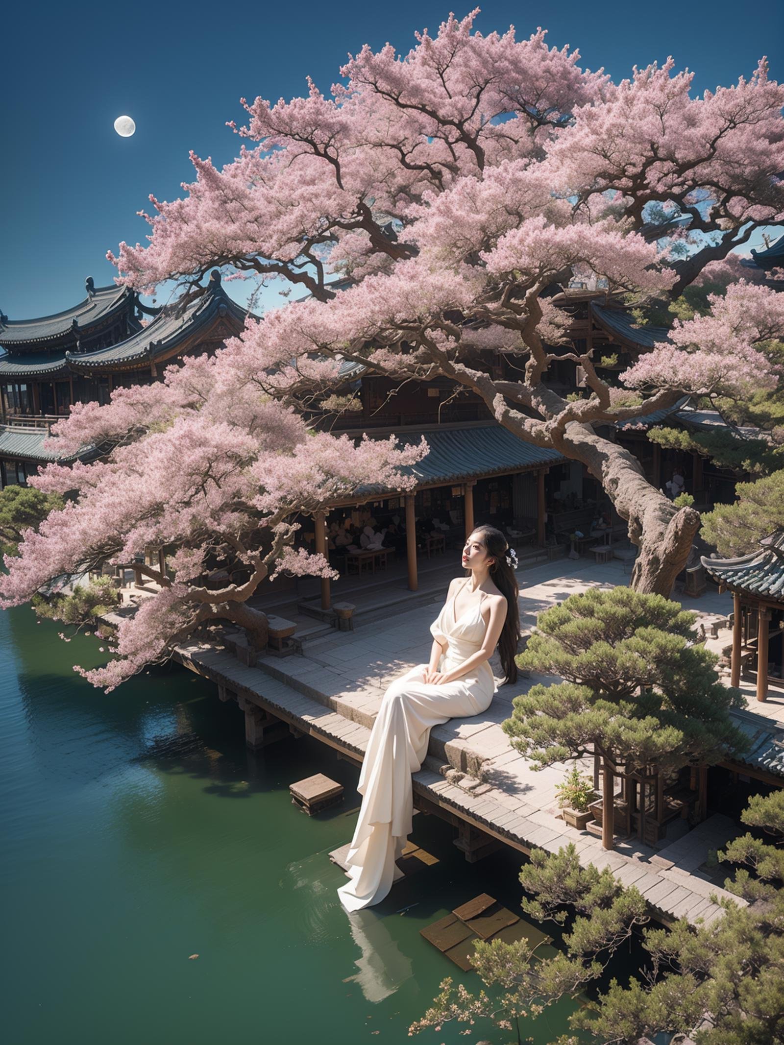 (fuyao:1),(from above:1),scenery,architecture,east asian architecture,paper lantern,(Big tree:1.2),1girl,solo,long hair,black hair,hair ornament,dress,holding,bare shoulders,jewelry,sitting,closed mouth,full body,flower,water,night,chinese clothes,looking down,moon,cherry blossoms,night sky,full moon,branch,ripples,lotus,