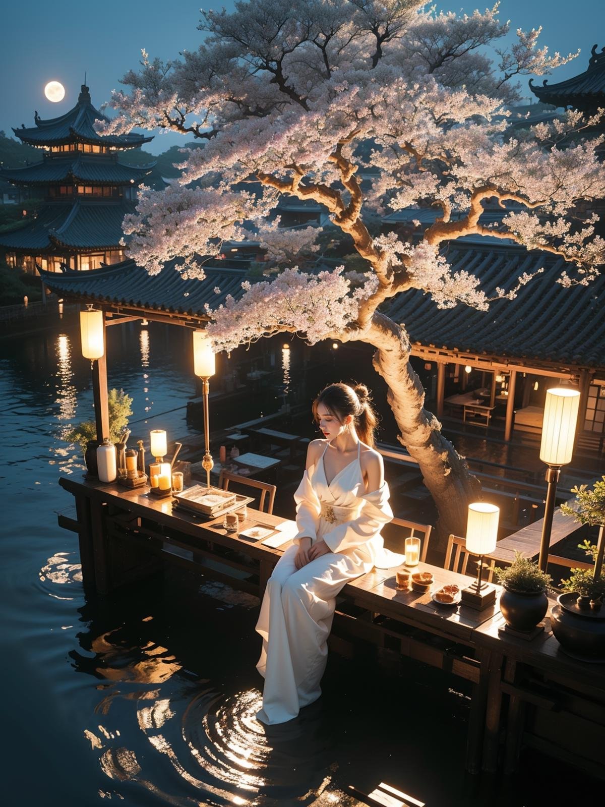 fuyao,(from above:1),(night:1.2),scenery,architecture,east asian architecture,(quadrate_paper_lantern:0.9),(Big tree:1.2),1girl,solo,long hair,black hair,hair ornament,dress,holding,bare shoulders,jewelry,sitting,closed mouth,full body,flower,water,night,chinese clothes,looking down,moon,cherry blossoms,night sky,full moon,branch,ripples,lotus,