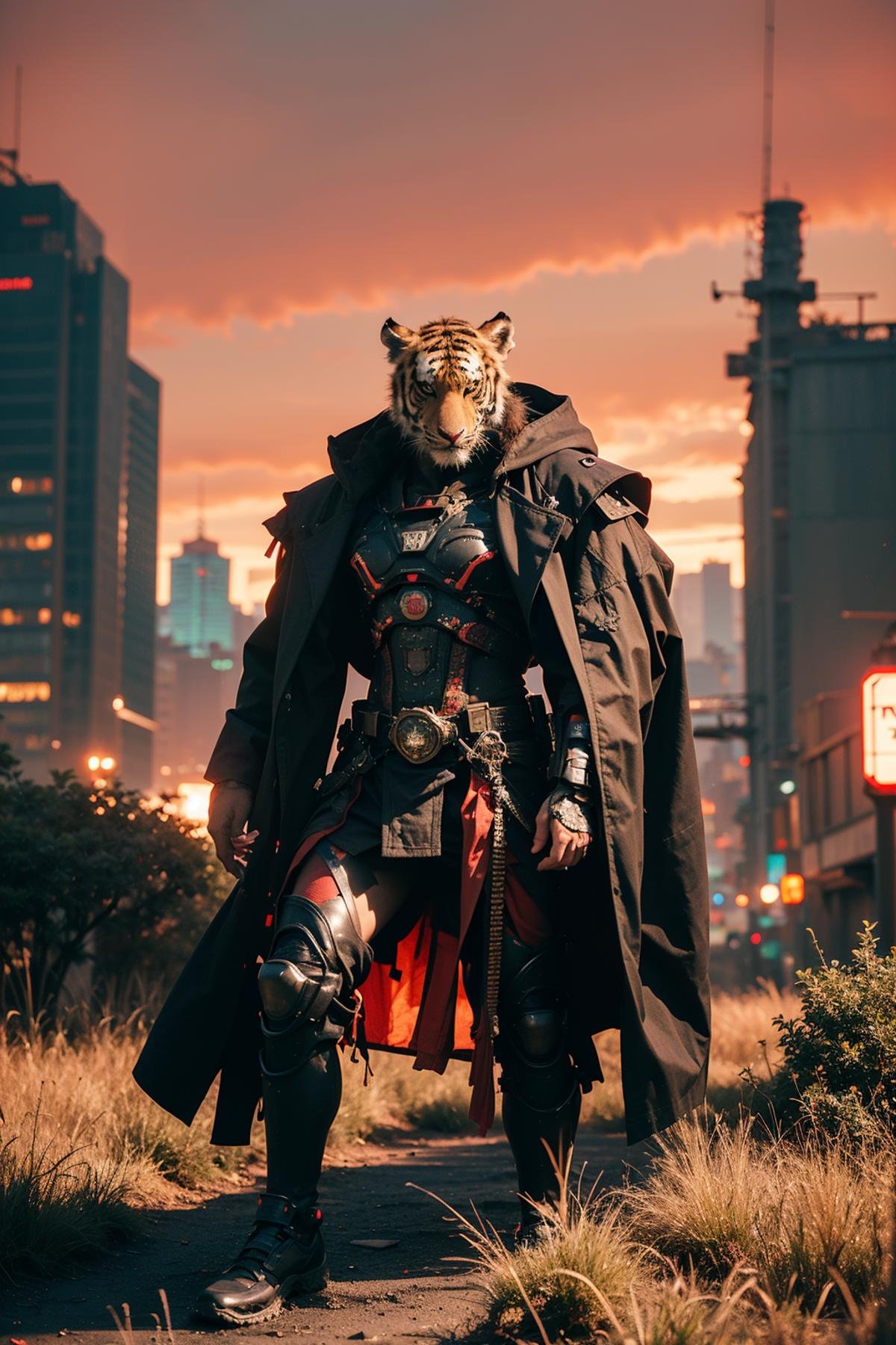 (Tiger_head:1.3),roar,male_humen_body,(cyberpunk_scenery_background:1.2),mecha,(red | black theme:1.5)night,carrying a samurai sword,cloak,