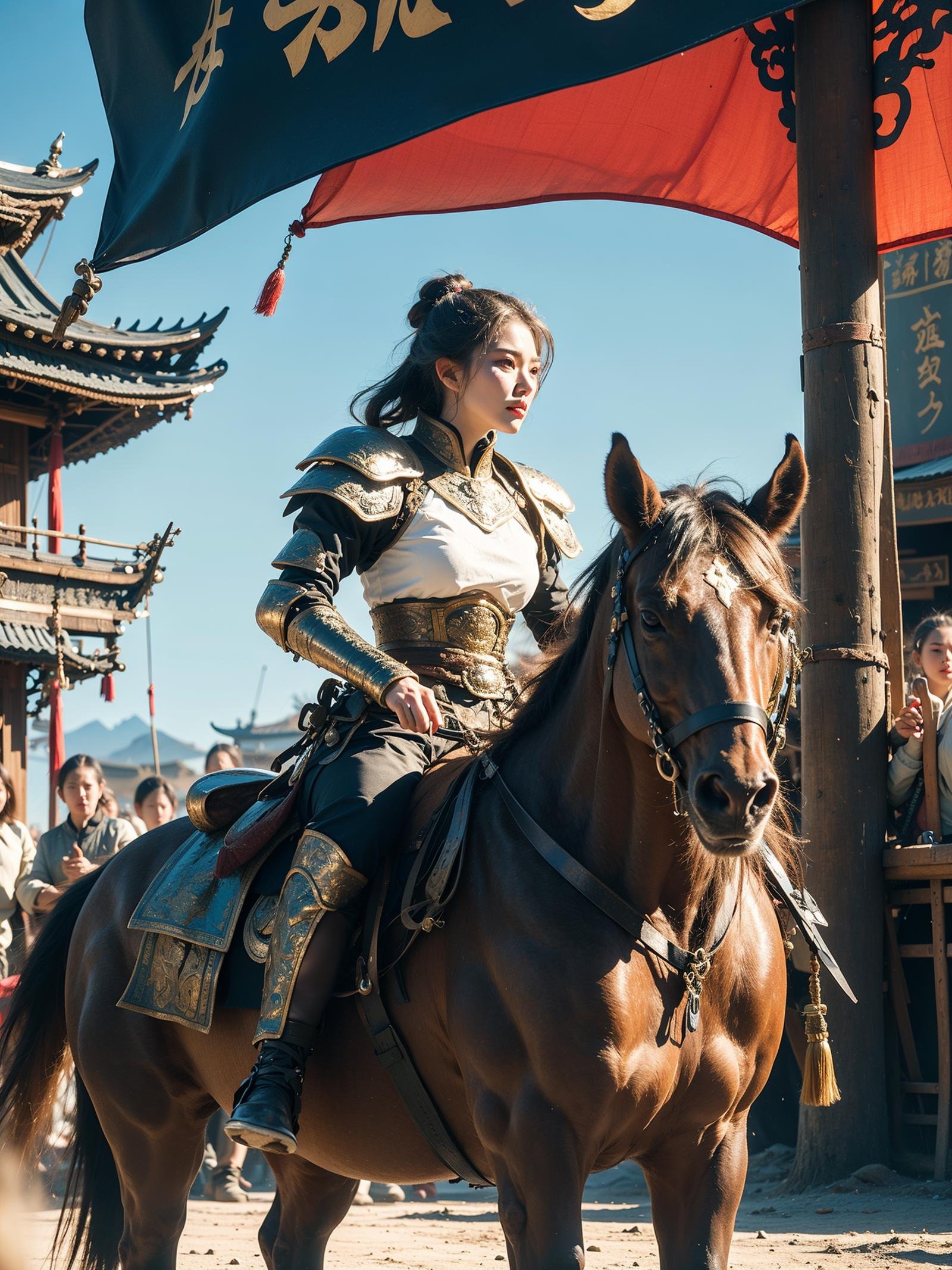 A female general in battle armor rides a fine steed,exuding a heroic and valiant demeanor. Her gaze is resolute,revealing a fearless and courageous temperament. The surrounding banners,war drums,and weapons present a stirring scene of a battlefield.,fuyao,