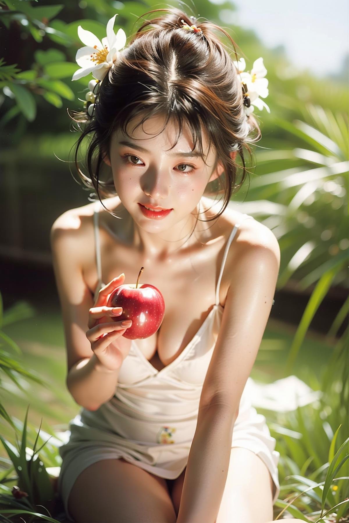 1girl, fruit, solo, breasts, food, realistic, hair ornament, grass, flower, hair flower, apple, downblouse, teeth, cleavage, medium breasts, holding food, smile, holding fruit, blurry, brown hair, black hair, holding, grin, short hair, outdoors, looking down, lying, day, blurry background, lips, bare shoulders, on stomach, tank top, depth of field, no bra, brown eyes, swimsuit, sunlight, large breasts, halterneck, sitting, from side, on grass, open mouth, bikini, camisole