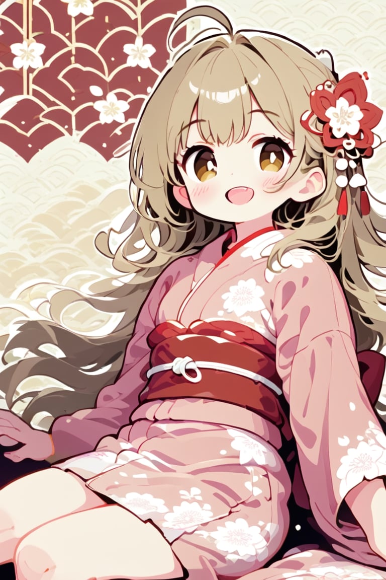 masterpiece, simple background, Japanese pattern background, cowboy shot, 1 woman, solo, long hair, chest, looking at viewer, smiling, blushing, open mouth, bangs, hair accessory, long sleeves, sitting, very long hair, flower, ahoge, light brown hair, updo, Japanese clothing, yukata, hair accessory, wide sleeves, kimono, brown eyes, obi, belt, floral pattern, yukata, pink kimono, patterned yukata,  Japanese pattern,pastel tone