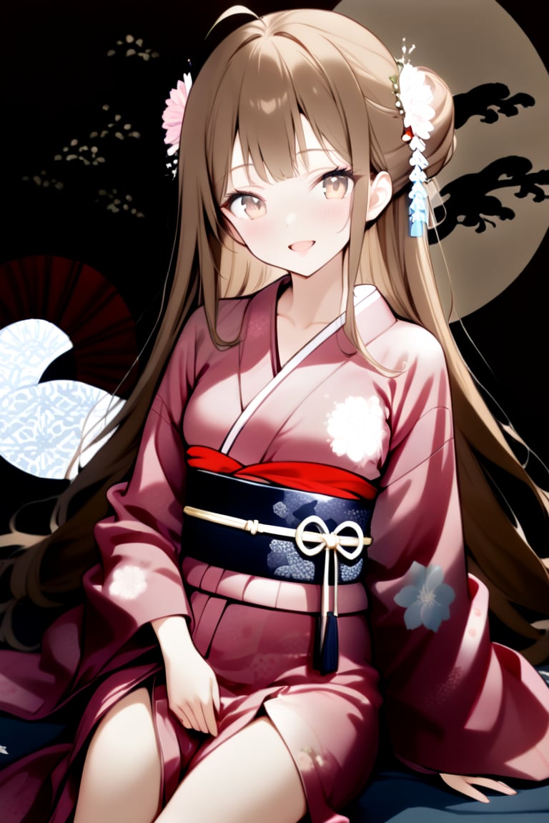 masterpiece, simple background, Japanese pattern background, cowboy shot, 1 woman, solo, long hair, chest, looking at viewer, smiling, blushing, open mouth, bangs, hair accessory, long sleeves, sitting, very long hair, flower, ahoge, light brown hair, updo, Japanese clothing, yukata, hair accessory, wide sleeves, kimono, brown eyes, obi, belt, floral pattern, yukata, pink kimono, patterned yukata, ink painting, Japanese pattern