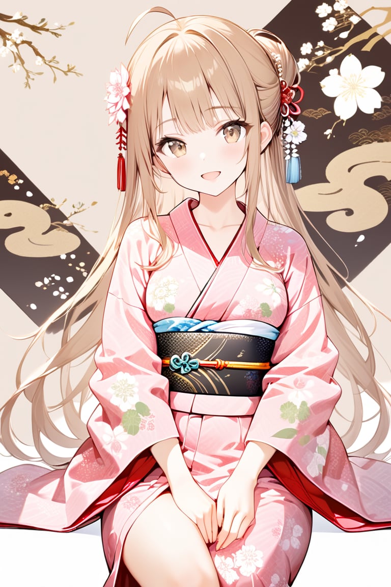 masterpiece, simple background, Japanese pattern background, cowboy shot, 1 woman, solo, long hair, chest, looking at viewer, smiling, blushing, open mouth, bangs, hair accessory, long sleeves, sitting, very long hair, flower, ahoge, light brown hair, updo, Japanese clothing, yukata, hair accessory, wide sleeves, kimono, brown eyes, obi, belt, floral pattern, yukata, pink kimono, patterned yukata, ink painting, Japanese pattern