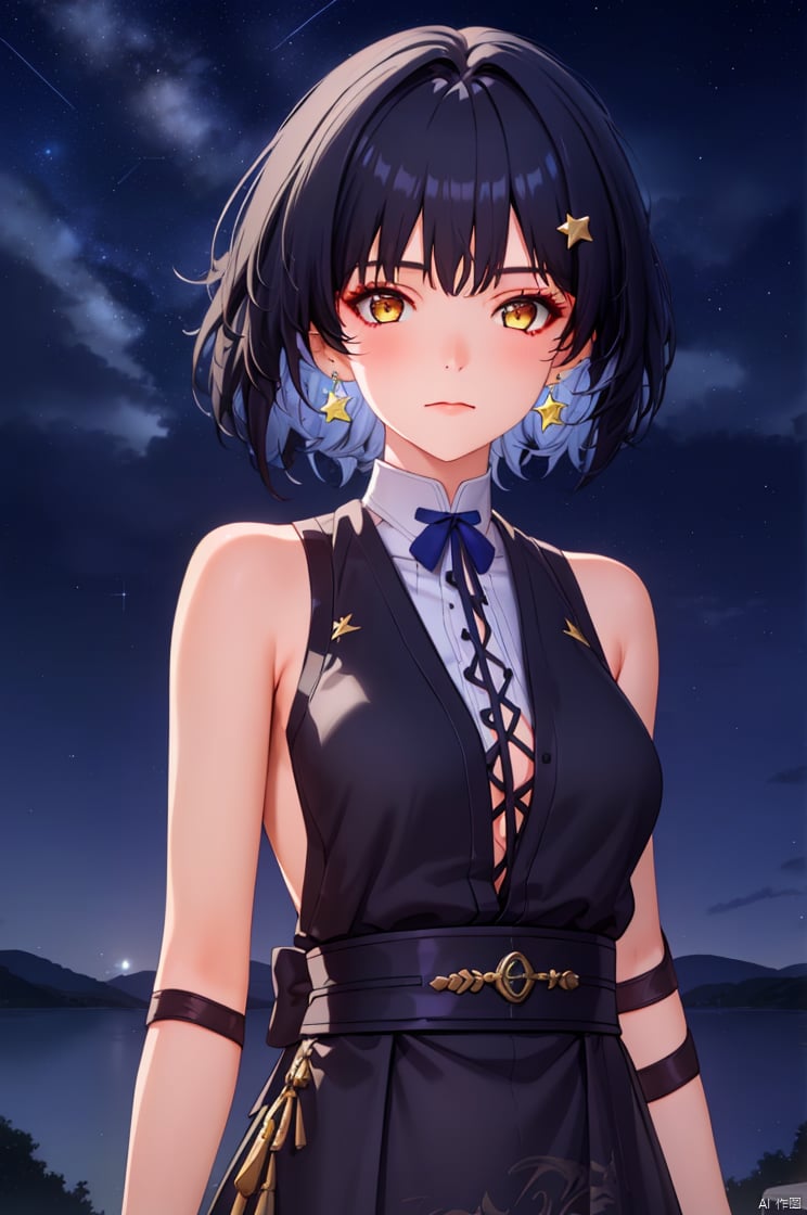 1girl, solo, breasts, looking at viewer, short hair, bangs, shirt, black hair, hair ornament, dress, ribbon, bare shoulders, jewelry, medium breasts, closed mouth, yellow eyes, upper body, earrings, sky, sleeveless, hairclip, black dress, night, star \(sky\), night sky, starry sky