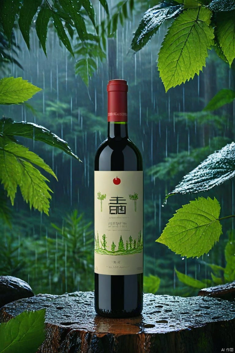 High quality, masterpiece, showing a bottle of wine, background in the woods, sacred light, rainforest background, masterpiece, HD, wallpaper, adding detail, extremely high resolution,