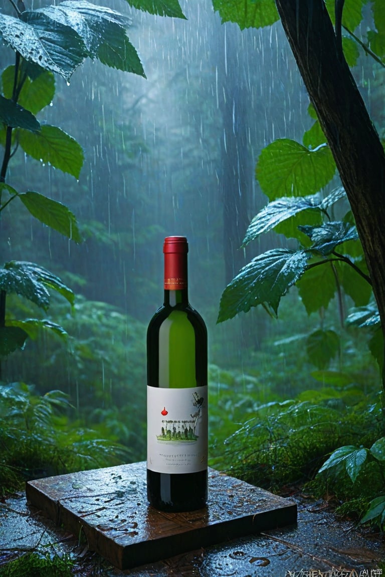 High quality, masterpiece, showing a bottle of wine, background in the woods, sacred light, rainforest background, masterpiece, HD, wallpaper, adding detail, extremely high resolution,