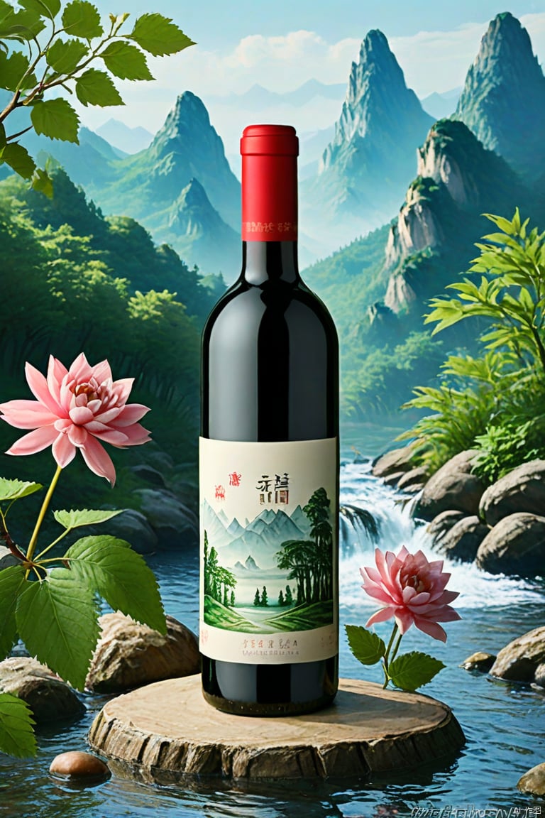 Show a bottle of wine masterpiece, forest scenery in the background, a long river, miniature photography, flowers and plants landscape, mountain mist, jungle, Chinese landscape painting, mountain waterfalls,