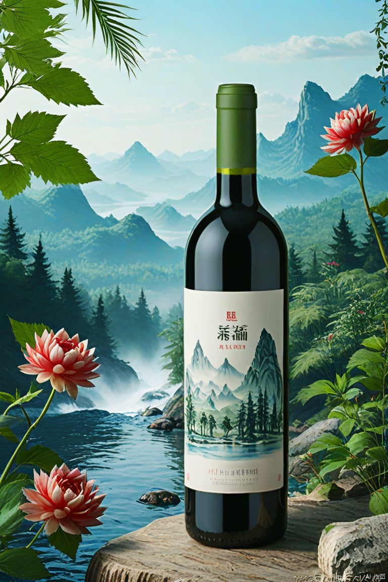 Show a bottle of wine masterpiece, forest scenery in the background, a long river, miniature photography, flowers and plants landscape, mountain mist, jungle, Chinese landscape painting, mountain waterfalls,