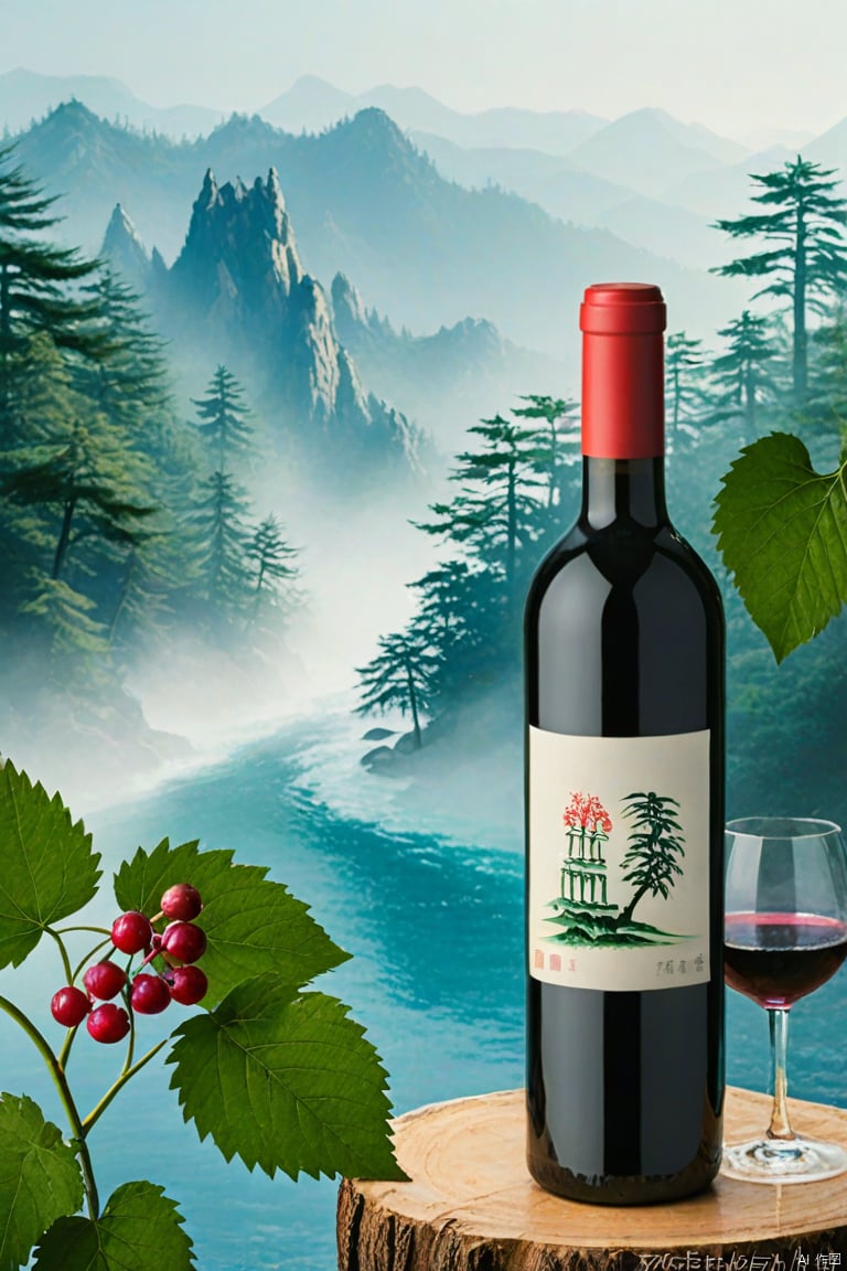 Show a bottle of wine, white goblet, a little wine in the background, forest scenery, a long river, miniature photography, flowers and plants landscape, mountain mist, jungle, Chinese landscape painting, mountain waterfalls,