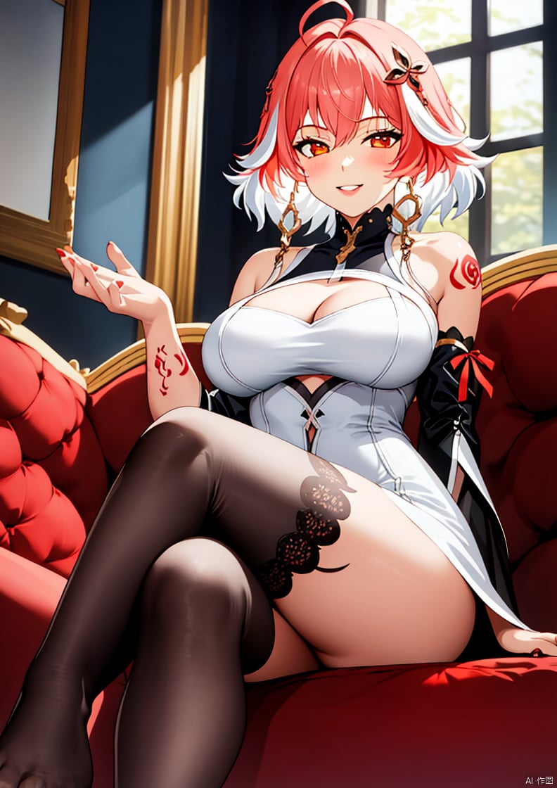 1girl, solo, breasts, looking at viewer, smile, short hair, bangs, large breasts, hair ornament, thighhighs, dress, cleavage, bare shoulders, jewelry, sitting, pink hair, ahoge, thighs, multicolored hair, earrings, parted lips, detached sleeves, black thighhighs, indoors, white dress, feet, orange eyes, legs, clothing cutout, tattoo, toes, no shoes, crossed legs, couch