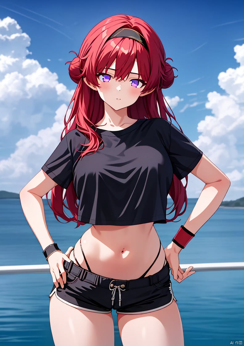 1girl, solo, long hair, breasts, looking at viewer, large breasts, shirt, navel, closed mouth, standing, purple eyes, white shirt, short sleeves, thighs, red hair, cowboy shot, hairband, outdoors, shorts, midriff, stomach, hair bun, crop top, hand on hip, black shirt, short shorts, highleg, black shorts, single hair bun, black hairband, wristband, highleg panties, crop top overhang, cropped shirt, panty straps