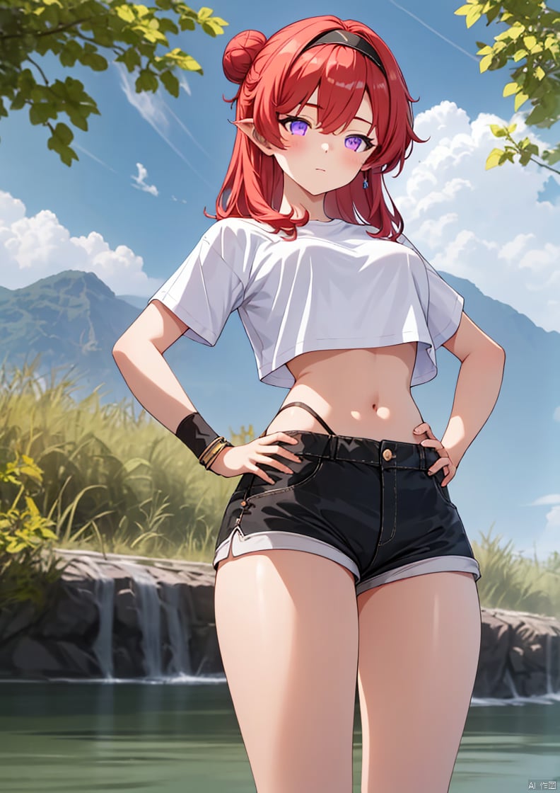 1girl, solo, long hair, breasts, looking at viewer, large breasts, shirt, navel, closed mouth, standing, purple eyes, white shirt, short sleeves, thighs, red hair, cowboy shot, hairband, outdoors, shorts, midriff, stomach, hair bun, crop top, hand on hip, black shirt, short shorts, highleg, black shorts, single hair bun, black hairband, wristband, highleg panties, crop top overhang, cropped shirt, panty straps