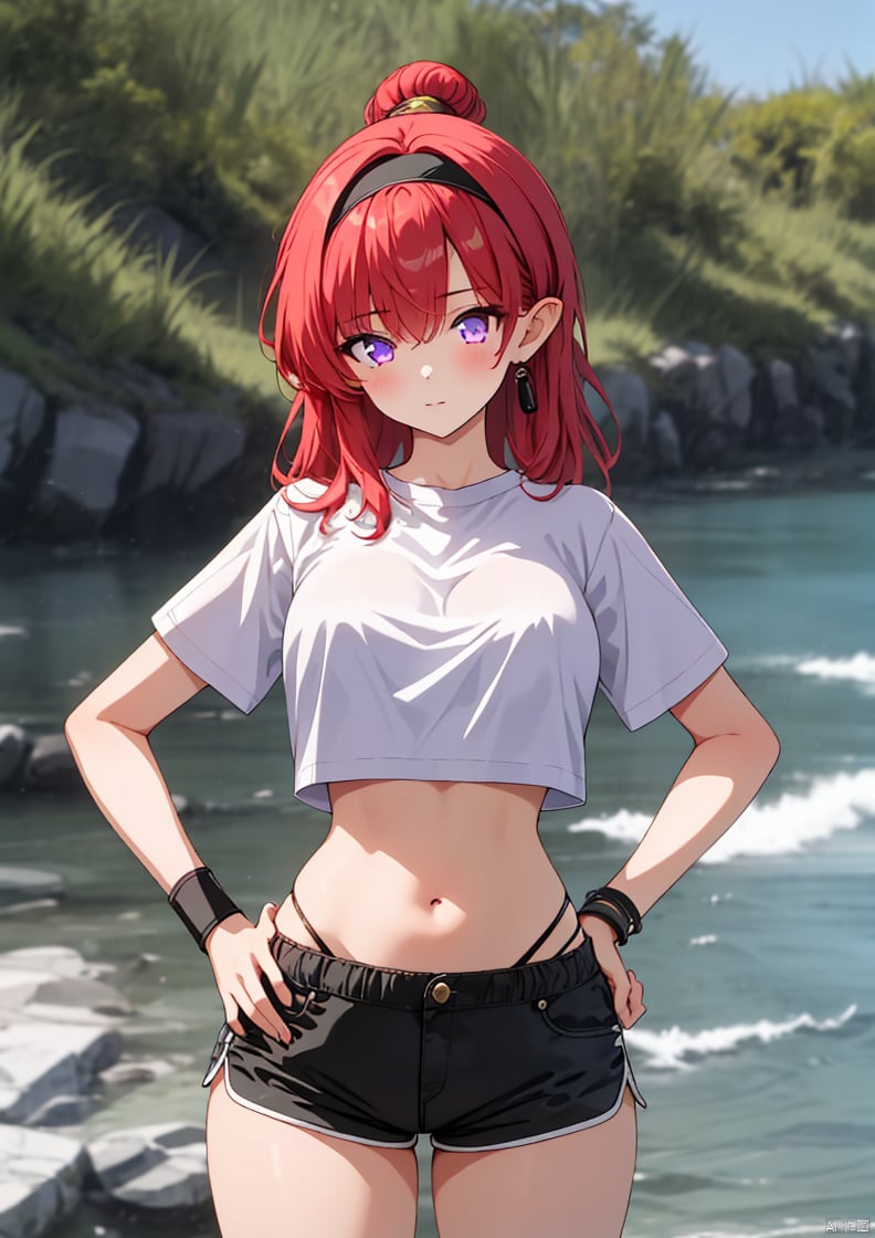 1girl, solo, long hair, breasts, looking at viewer, large breasts, shirt, navel, closed mouth, standing, purple eyes, white shirt, short sleeves, thighs, red hair, cowboy shot, hairband, outdoors, shorts, midriff, stomach, hair bun, crop top, hand on hip, black shirt, short shorts, highleg, black shorts, single hair bun, black hairband, wristband, highleg panties, crop top overhang, cropped shirt, panty straps