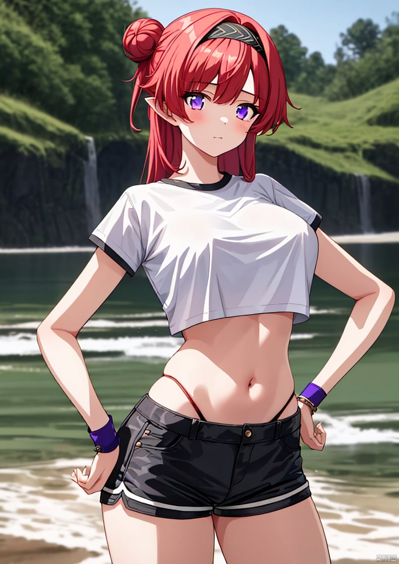 1girl, solo, long hair, breasts, looking at viewer, large breasts, shirt, navel, closed mouth, standing, purple eyes, white shirt, short sleeves, thighs, red hair, cowboy shot, hairband, outdoors, shorts, midriff, stomach, hair bun, crop top, hand on hip, black shirt, short shorts, highleg, black shorts, single hair bun, black hairband, wristband, highleg panties, crop top overhang, cropped shirt, panty straps