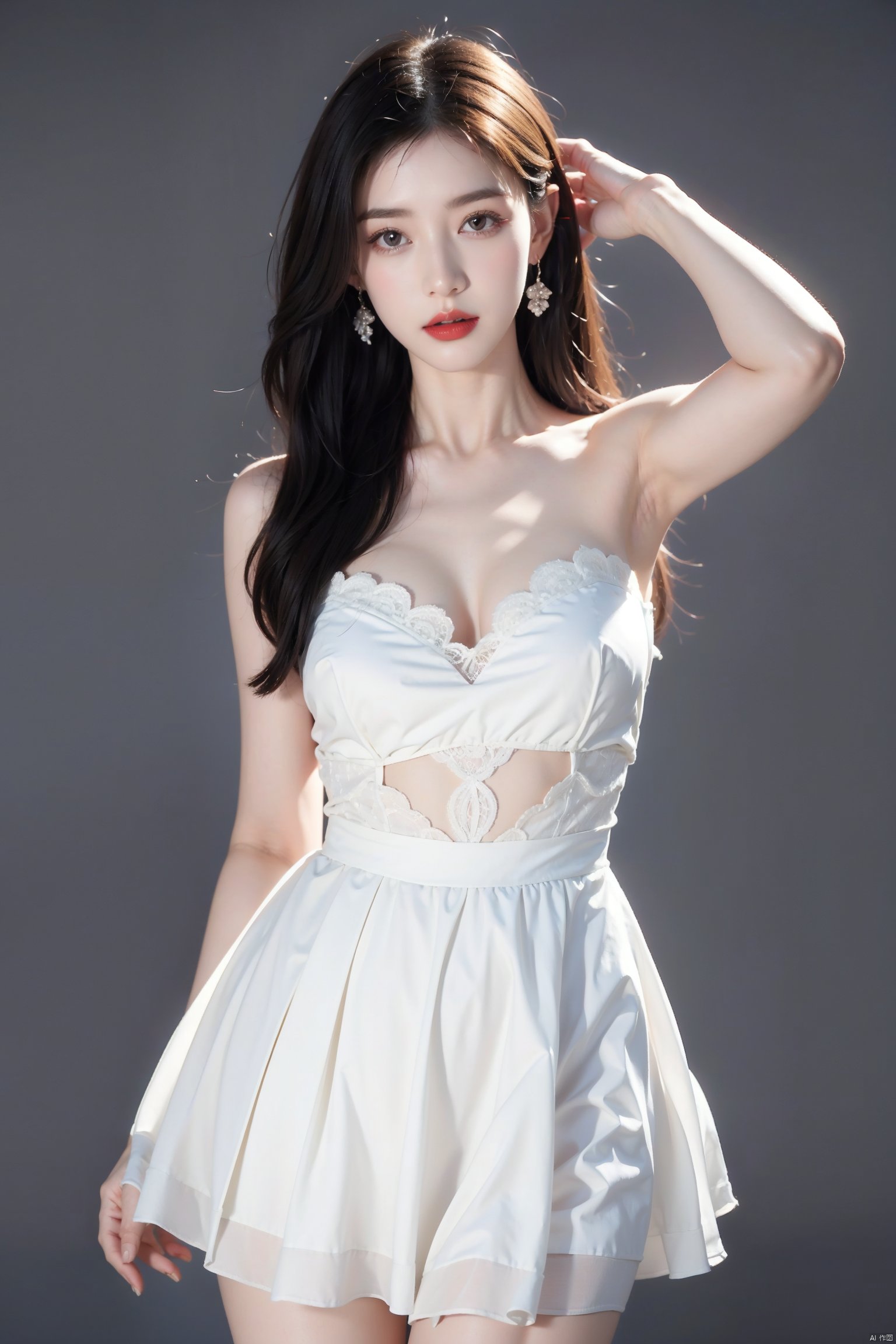 1girl,solo,looking at viewer,long hair,lipstick,red lips,lips,makeup,white_skin,slender,straight_hair,collarbonea,medium breasts,lace,huge filesize,(Cinematic Lighting:0.2),skinny,sleeveless,stylish_pose,cowboy_shot,close-up,hand_on_head,taut_clothes,off-shoulder_dress,strapless_dress,sleeveless_dress,chiffon_skirt,