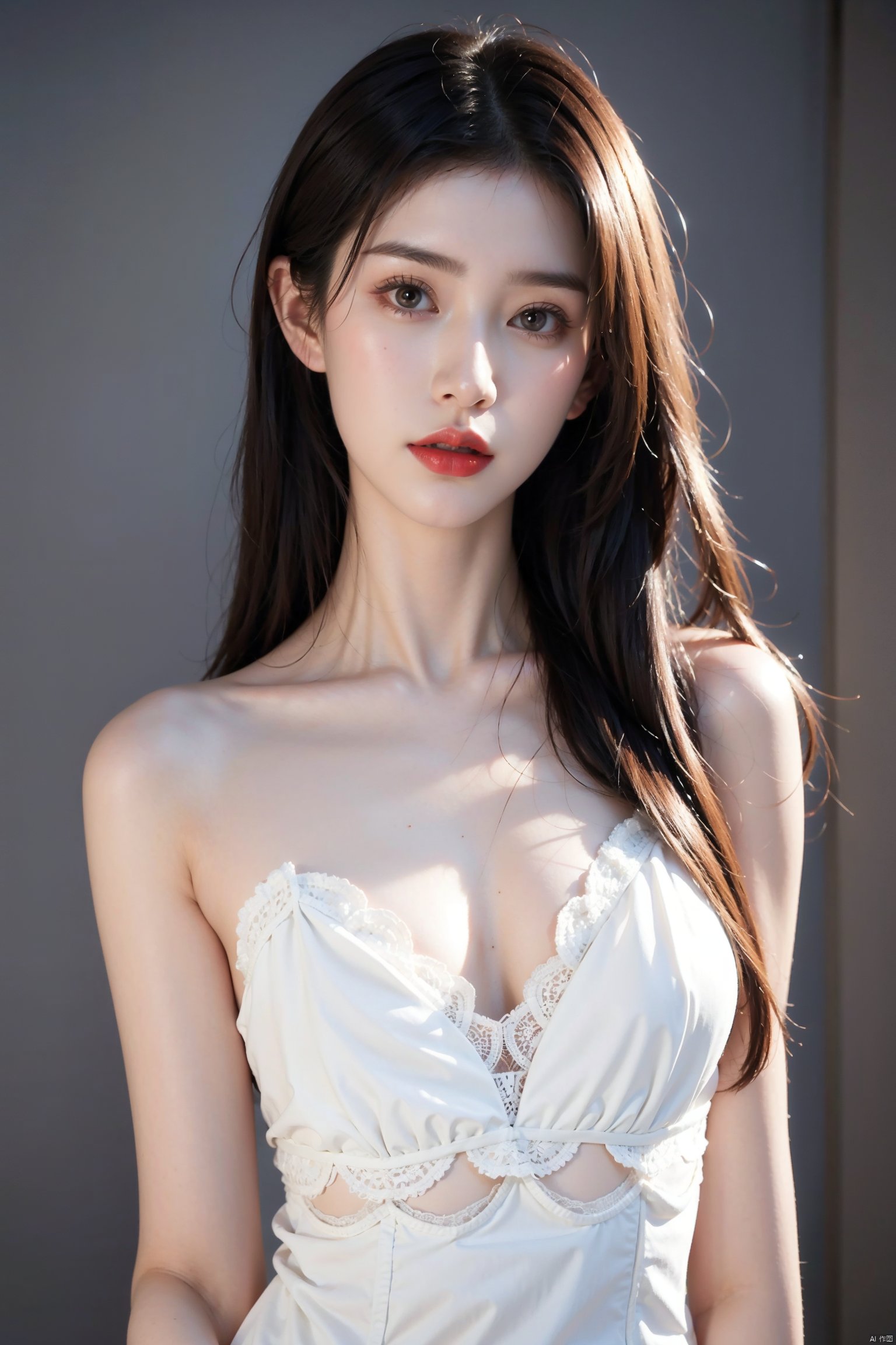 1girl,solo,looking at viewer,long hair,lipstick,red lips,lips,makeup,white_skin,slender,straight_hair,collarbonea,medium breasts,lace,huge filesize,(Cinematic Lighting:0.2),skinny,sleeveless,stylish_pose,cowboy_shot,close-up,taut_clothes,sleeveless_dress,strapless,microdress,