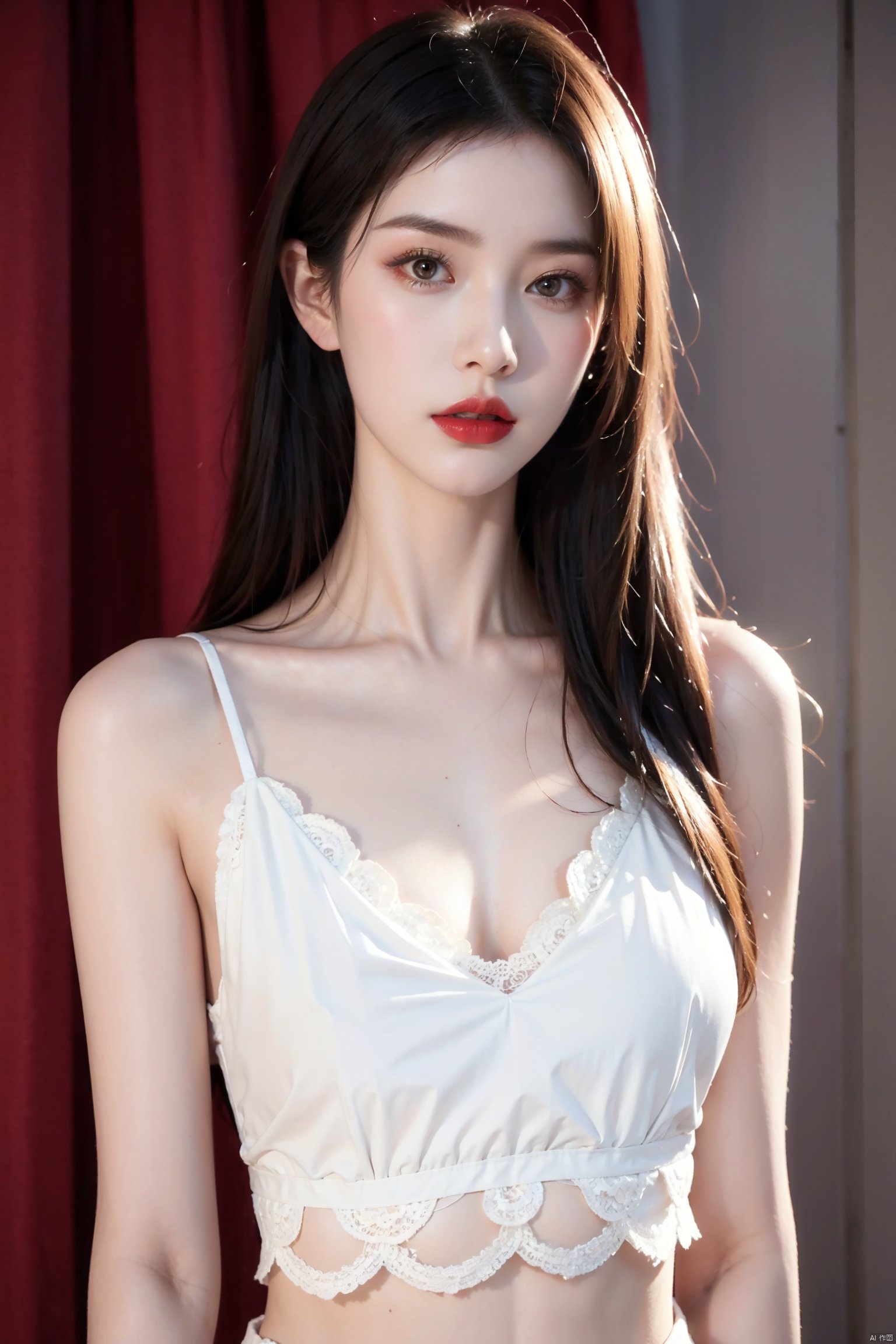 1girl,solo,looking at viewer,long hair,lipstick,red lips,lips,makeup,white_skin,slender,straight_hair,collarbonea,medium breasts,lace,huge filesize,(Cinematic Lighting:0.2),skinny,sleeveless,stylish_pose,cowboy_shot,close-up,taut_clothes,camisole,crop_top,