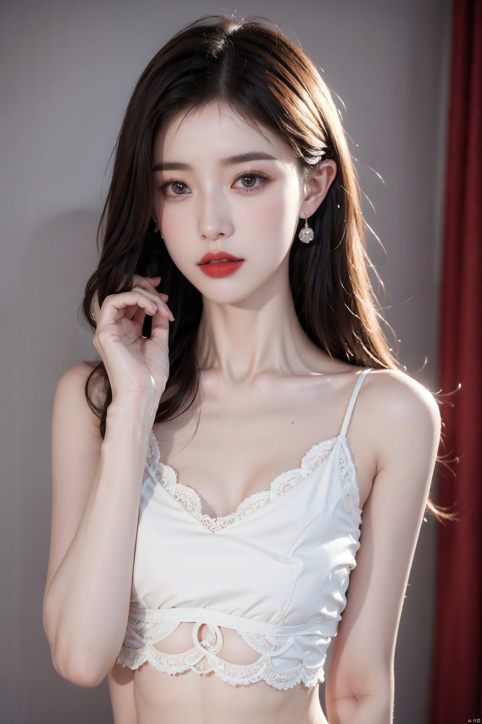 1girl,solo,looking at viewer,long hair,lipstick,red lips,lips,makeup,white_skin,slender,straight_hair,collarbonea,medium breasts,lace,huge filesize,(Cinematic Lighting:0.2),skinny,sleeveless,stylish_pose,cowboy_shot,close-up,hand_on_head,taut_clothes,camisole,crop_top,