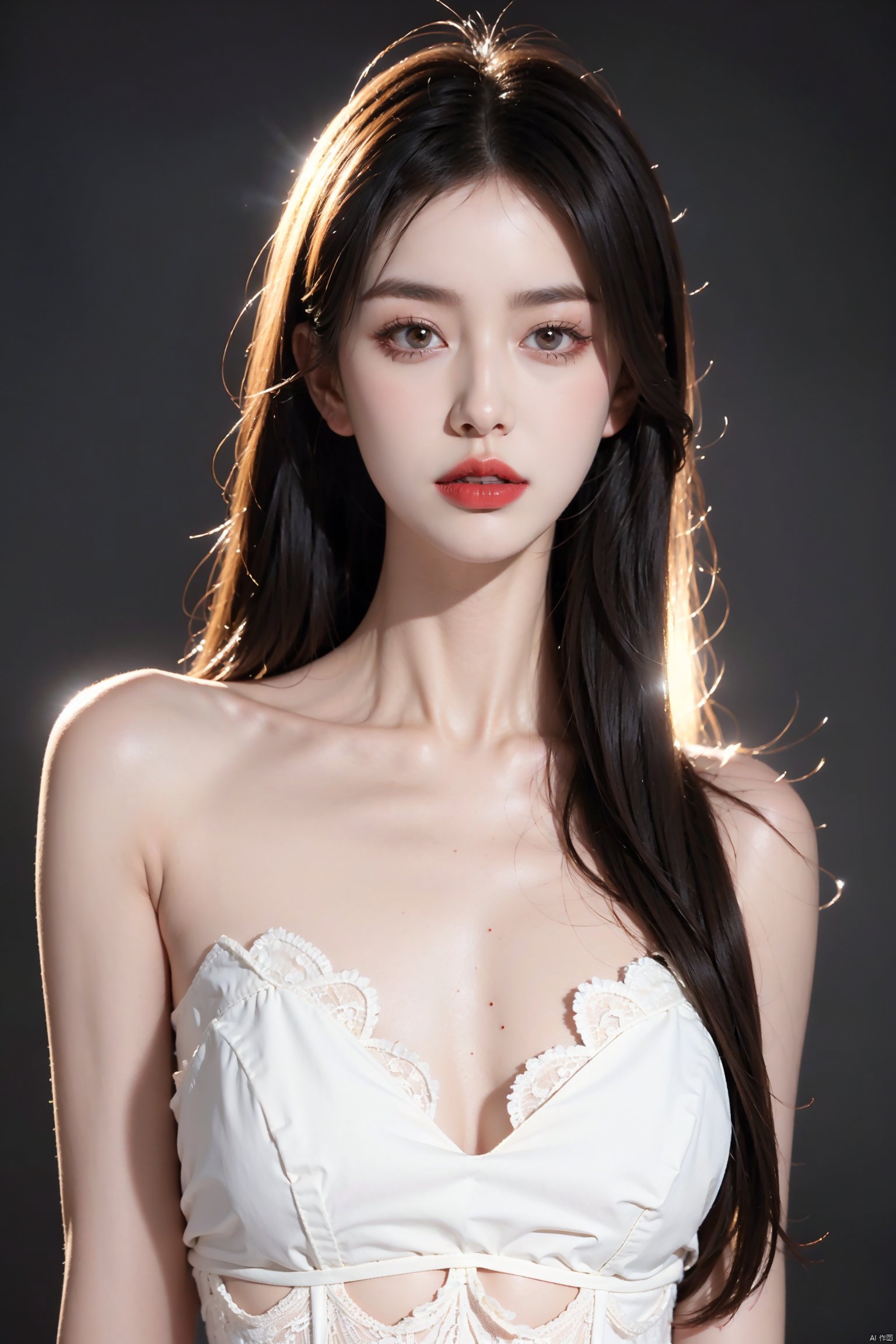 1girl,solo,looking at viewer,long hair,lipstick,red lips,lips,makeup,white_skin,slender,straight_hair,collarbonea,medium breasts,lace,huge filesize,(Cinematic Lighting:0.6),skinny,sleeveless,stylish_pose,close-up,taut_clothes,microdress,strapless,portrait,