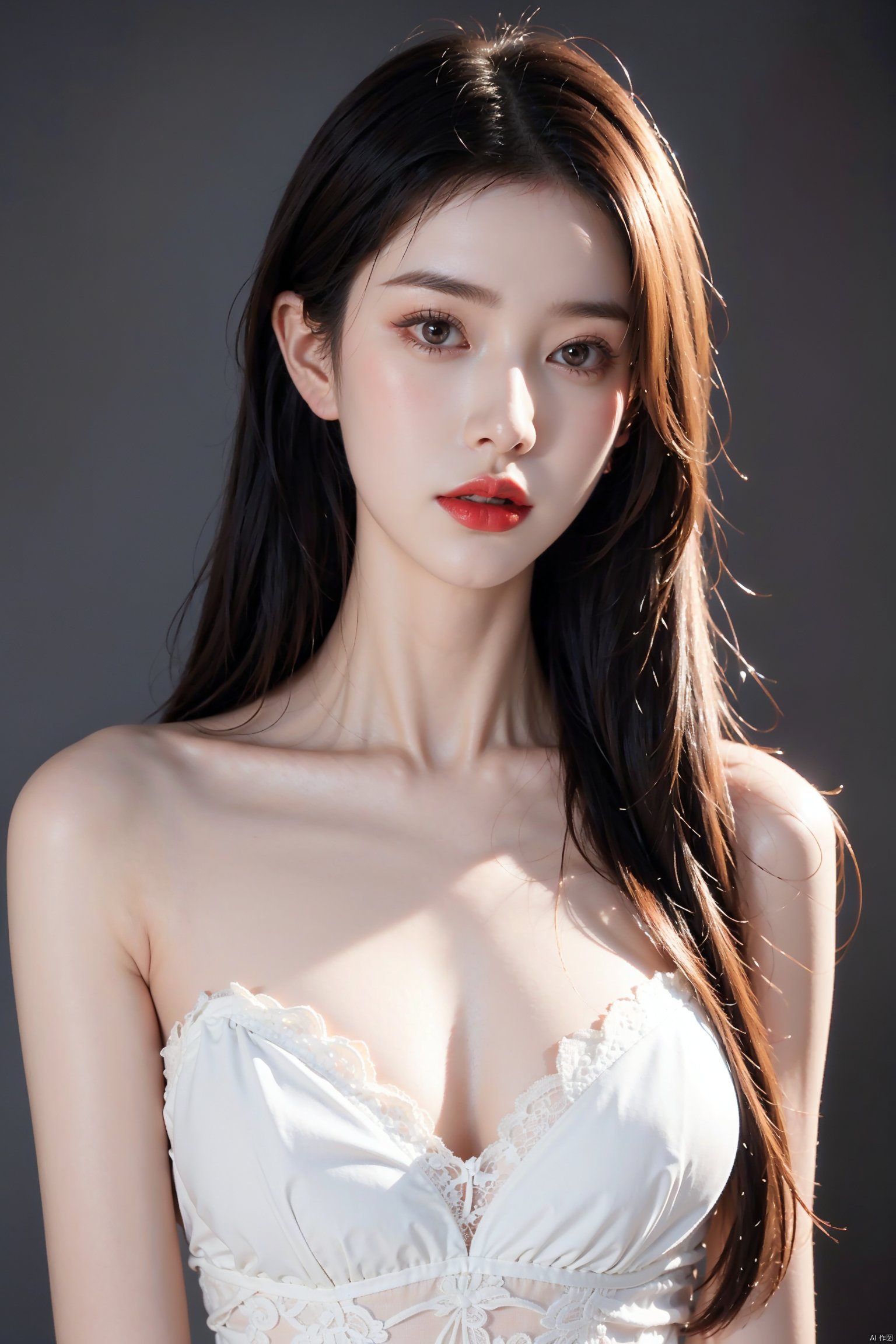 1girl,solo,looking at viewer,long hair,lipstick,red lips,lips,makeup,white_skin,slender,straight_hair,collarbonea,medium breasts,lace,huge filesize,(Cinematic Lighting:0.6),skinny,sleeveless,stylish_pose,close-up,taut_clothes,microdress,strapless,portrait,