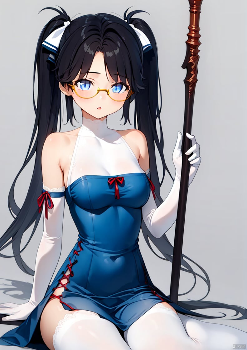 1girl, solo, long hair, breasts, looking at viewer, blue eyes, simple background, black hair, thighhighs, dress, ribbon, twintails, sitting, weapon, glasses, wariza