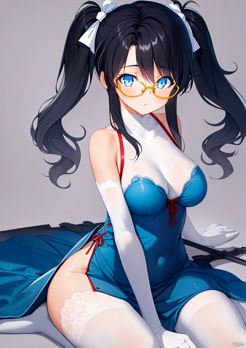 1girl, solo, long hair, breasts, looking at viewer, blue eyes, simple background, black hair, thighhighs, dress, ribbon, twintails, sitting, weapon, glasses, wariza