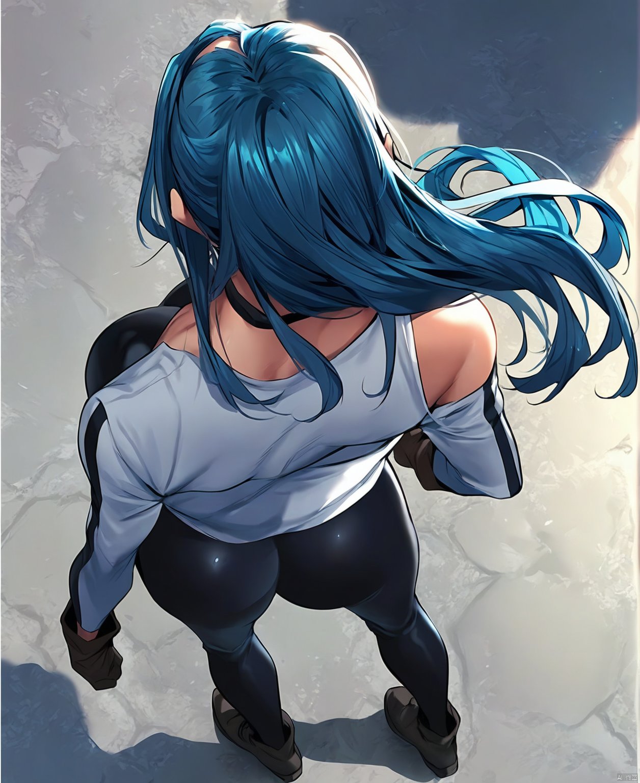 (score_9,score_8_up,score_7_up),rq01, 1girl, breasts, blue hair, cleavage, long hair, solo, blue eyes, looking at viewer, full_body, pointy ears, black pants, tight pants, from above, facing away, 