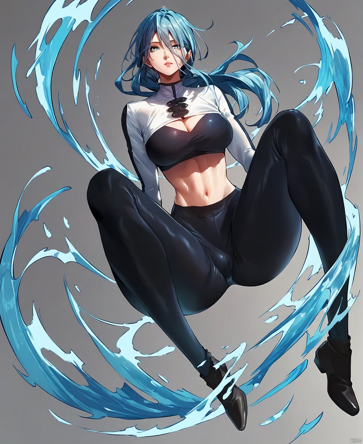 (score_9,score_8_up,score_7_up),rq01, 1girl, breasts, blue hair, cleavage, long hair, solo, blue eyes, looking at viewer, full_body,  black pants, tight pants, 