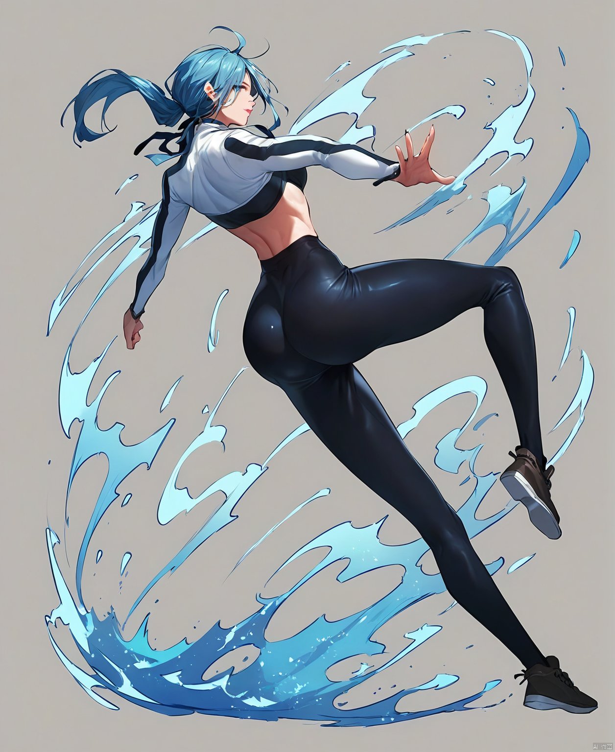 (score_9,score_8_up,score_7_up),rq01, 1girl,blue hair, cleavage, long hair,blue eyes,full_body,  black pants, tight pants,  from behind, 