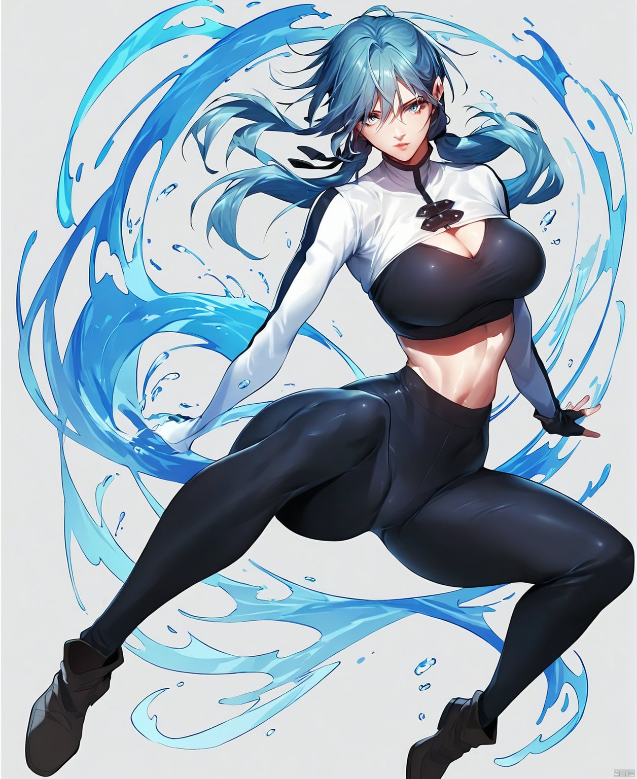 (score_9,score_8_up,score_7_up),rq01, 1girl,blue hair, cleavage, long hair, solo, blue eyes, looking at viewer, full_body,  black pants, tight pants, 