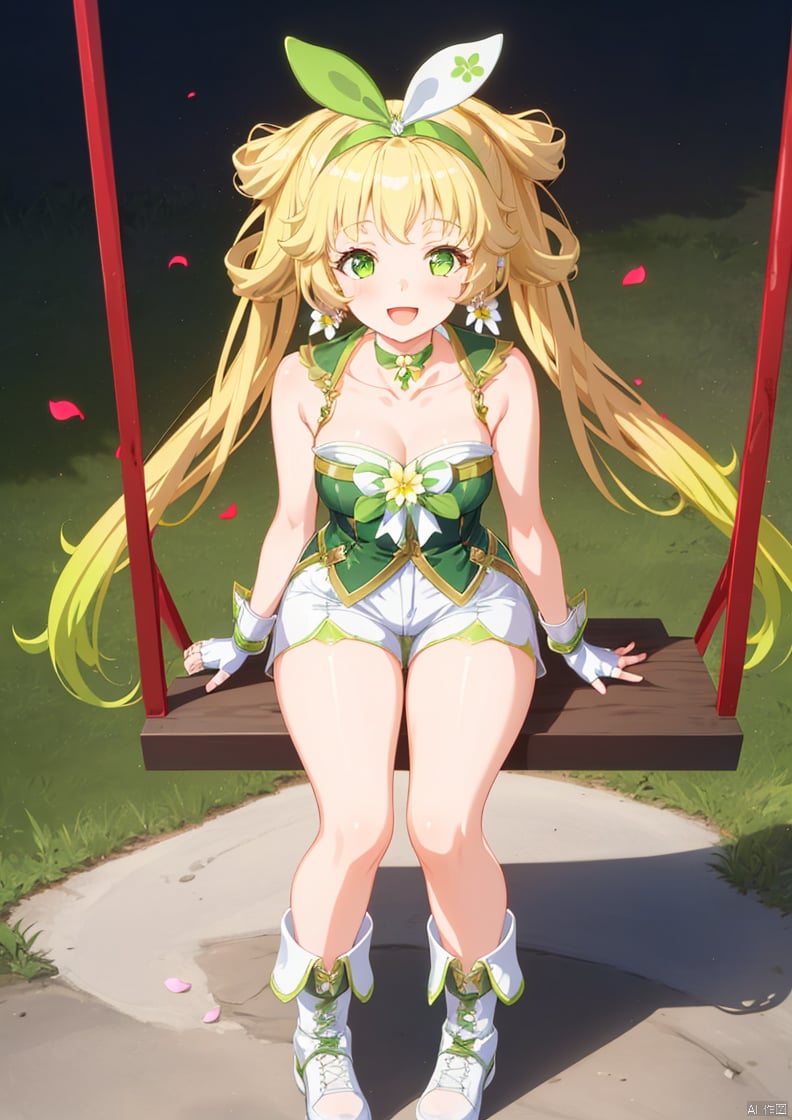 1girl, solo, long hair, looking at viewer, blush, smile, open mouth, bangs, blonde hair, gloves, bow, ribbon, holding, bare shoulders, twintails, jewelry, sitting, very long hair, green eyes, collarbone, full body, flower, :d, multicolored hair, hairband, earrings, boots, green hair, shorts, sleeveless, choker, fingerless gloves, wrist cuffs, petals, short shorts, gradient hair, white footwear, plant, white flower, hair rings, white shorts, green hairband, green choker, swing